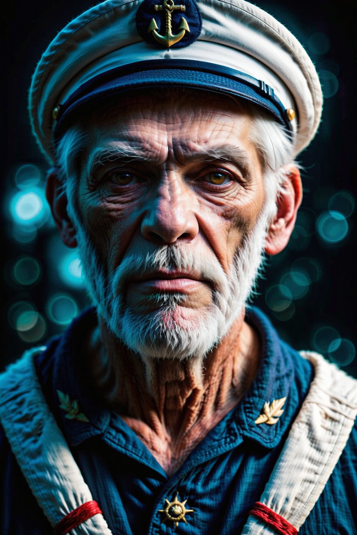 Award-winning portrait photo of a man, of an old story-telling sailor wearing a captain's cap, Augen in die Kamera gerichtet, (bokeh:0.7), seitlich beleuchtet, (faltiges Gesicht im Detail:0.7), Telebild, mondhell, Fackelschein, somber atmosphere, oceanic night outside, realistisch, Komplizierte Details, Echt gealterte Hautstruktur
