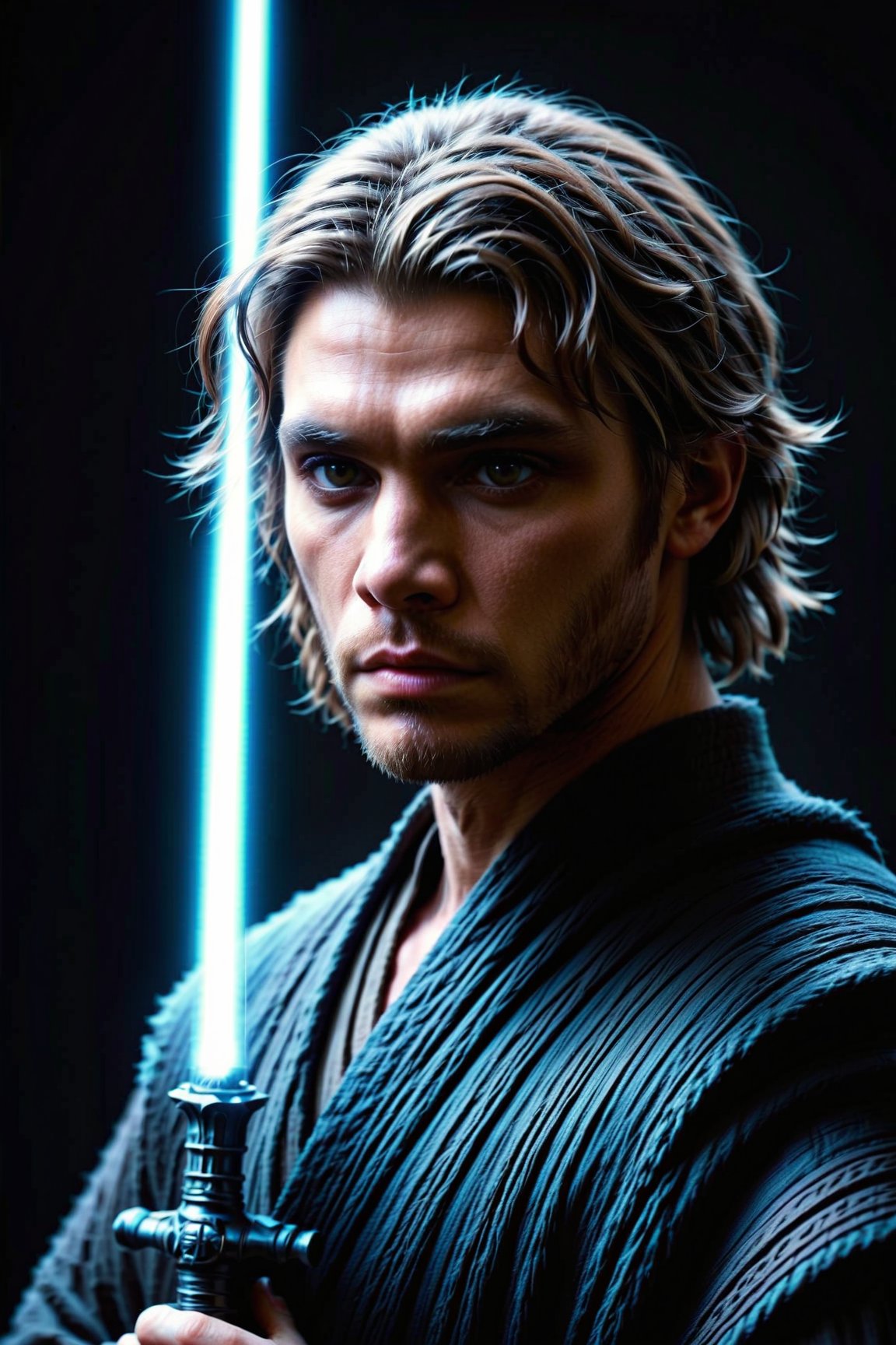 Homem adulto, Mestre Jedi, cabelo liso curto preto, Good features, segurando saber de luz, Anakin Skywalker
