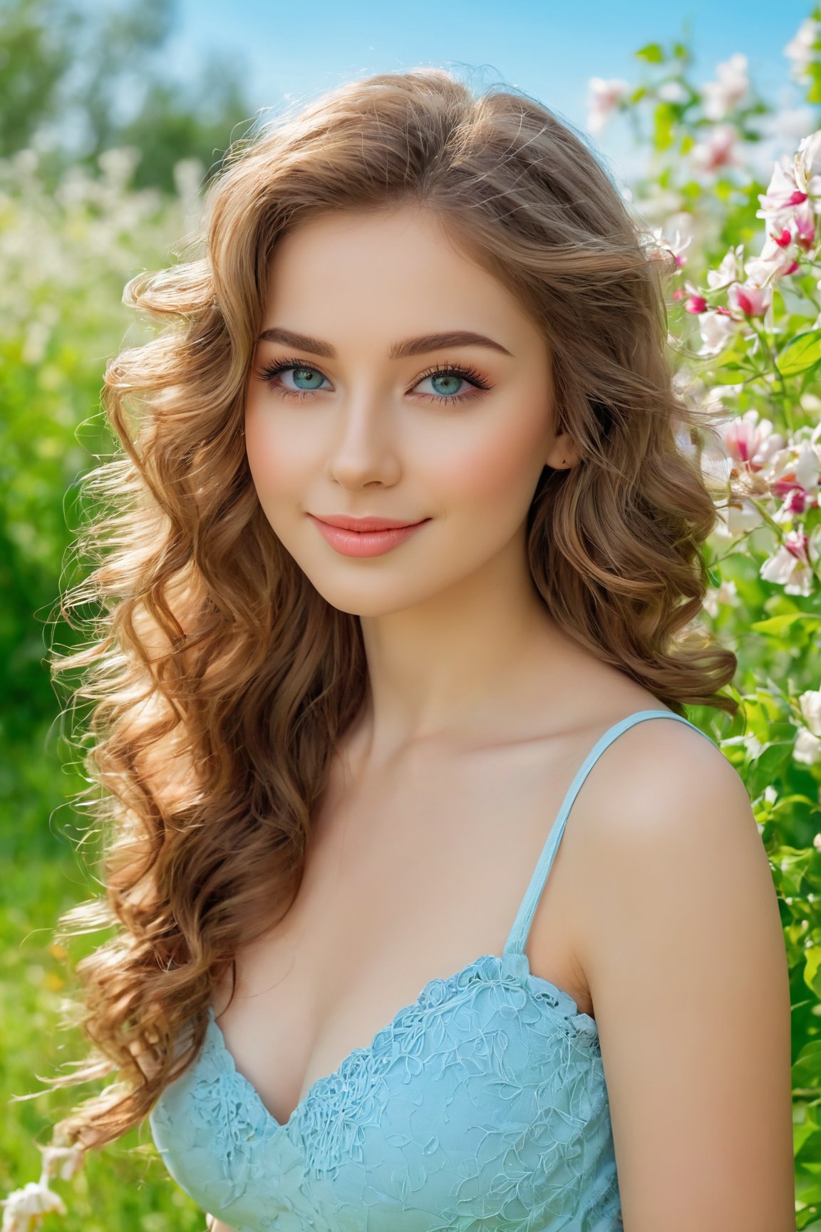 cute,sexy,russian,girl,Feeling happy,slight smile,Wearing a light blue tight fitting top,(beautiful detailed eyes:1.1),(beautiful detailed lips:1.1),(extremely detailed eyes and face:1.1),(long eyelashes:1.1),soft curly brown hair,pointed nose,(rosy cheeks:1.1),(flawless porcelain skin:1.1),(sparkling eyes:1.1),(slim figure:1.1),standing in a blooming garden,holding a bouquet of colorful flowers,(butterflies fluttering around:1.1),(sunlight filtering through the leaves:1.1),(soft spring breeze:1.1),(green grass and vibrant flowers:1.1),with a charming background of a wooden white fence and blue sky,(best quality,4k,8k,highres,masterpiece:1.2),ultra-detailed,realistic,photorealistic:1.37,portraits,vivid colors,pastel color tones,soft natural lighting.