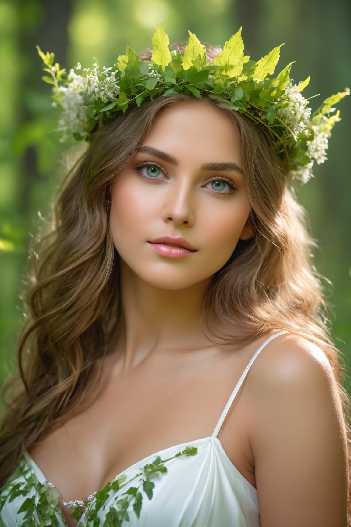 (best quality, 4k, 8k, highres, masterpiece:1.2), ultra-detailed, (realistic, photorealistic, photo-realistic:1.37), nature goddess, leaf body, portrait, greenery, wildflowers, breathtaking eyes, serene expression, graceful pose, ethereal beauty, luminous skin, flowing hair, elegant crown of leaves, soft natural light, vibrant colors, mythical essence, surreal atmosphere, dreamlike aura, harmonious connection with nature, enchanted forest