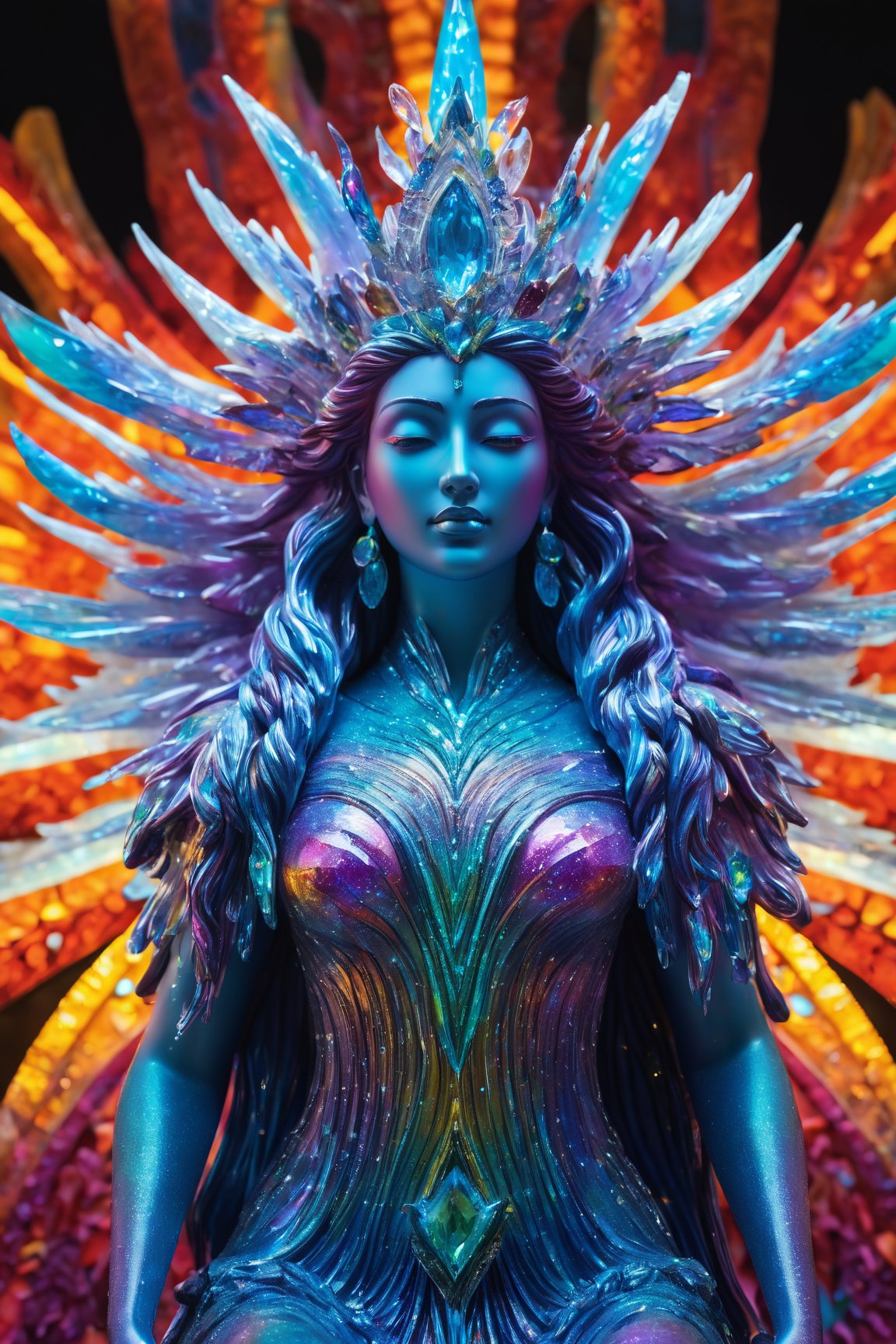 (best quality,8K,highres,masterpiece), ultra-detailed photograph featuring a vibrant sculpture portraying a mesmerizing ice goddess. This majestic deity stands tall in a burst of vivid colors, radiating an enchanting aura of rainbow-hued elegance. The sculpture showcases an explosion of vibrant and intricate designs, capturing the eye with a dazzling array of hues. The goddess is bathed in a kaleidoscope of colors, adding a surreal and otherworldly touch that creates a stunning contrast against the cool, icy tones. This high-quality image skillfully captures the ethereal beauty of the sculpture, allowing viewers to marvel at its breathtaking craftsmanship and mystical allure, illuminated by neon lights.