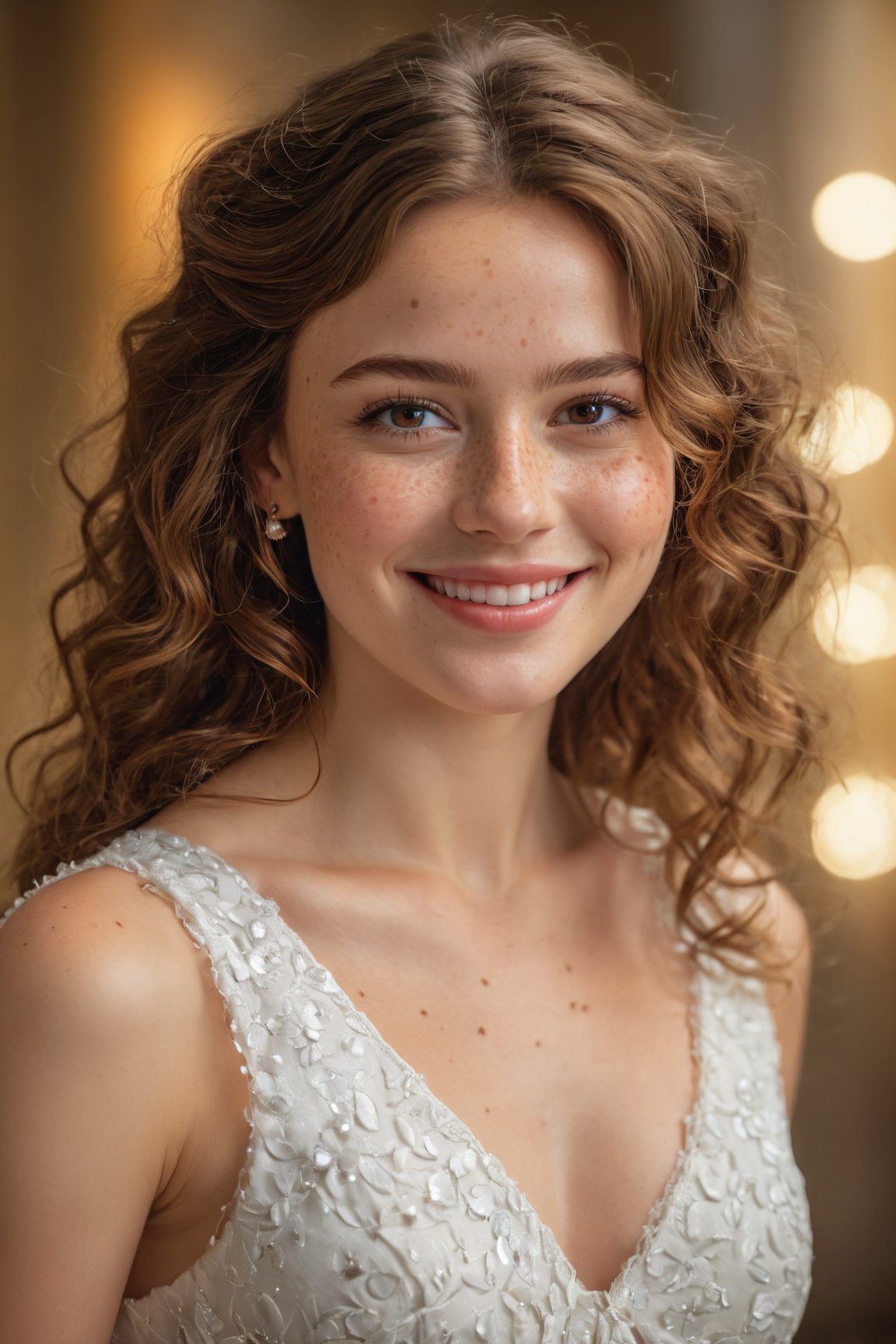 (best quality,4k,8k,highres,masterpiece:1.2),ultra-detailed,(realistic,photorealistic,photo-realistic:1.37),beautiful smile,smiling face,detailed eyes,detailed lips,delicate nose,freckles,soft skin,brown wavy hair,elegant posture,feminine charm,graceful dress,fine details,gorgeous background,vibrant colors,subtle lighting,portraits