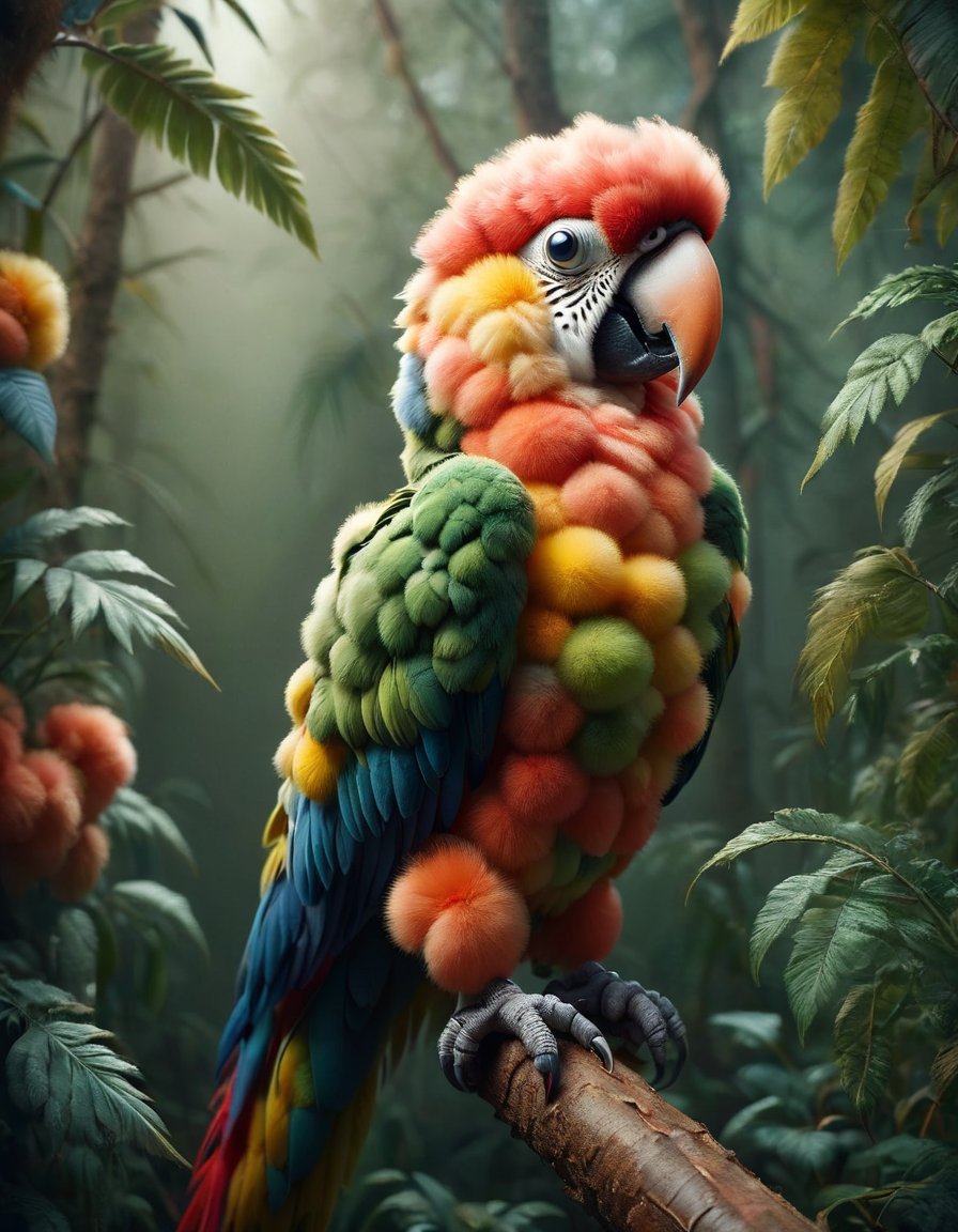 award winning wildlife ,masterpiece,best quality,parrot ,in the forest,realistic (medium long shot:1.4), 35mm film movie still, ultra photorealistic, photorealism,taken with hasselblad H6D 100c, the HCD 24mm lens, hazy mood, cinematic dramatic lighting, cold muted colors, (DOF:1.4), sharp focus, (perfect real extremely details), amazing fine detail, absurdres, hyper realistic lifelike texture, dramatic lighting ral-flufblz <lora:ral-flufblz:1>