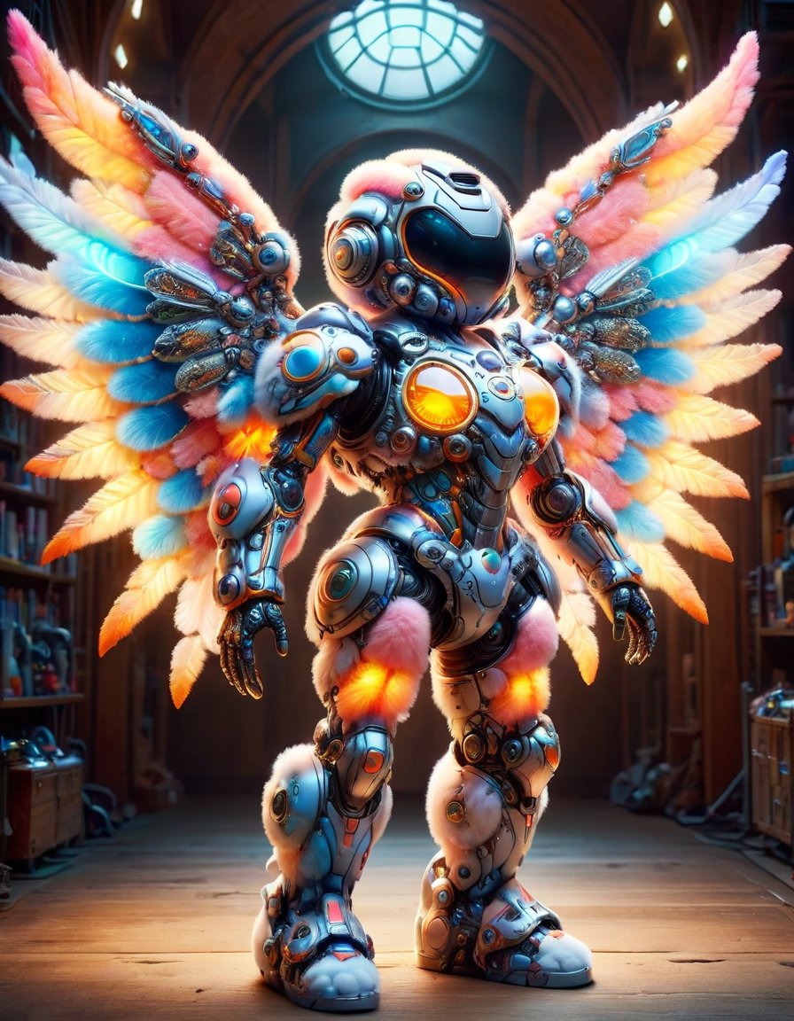(best quality, masterpiece, colorful, dynamic angle, highest detailed)upper body photo, full body photo, fashion photography of cute mechangel, glowing 4 wings, solo, glowing armor, glowing halo, building, glowing mechanical 4 wings (intricate details, hyperdetailed:1.15), detailed, light passing through hair, (official art, extreme detailed, highest detailed) <lora:ral-flufblz:1> ral-flufblz