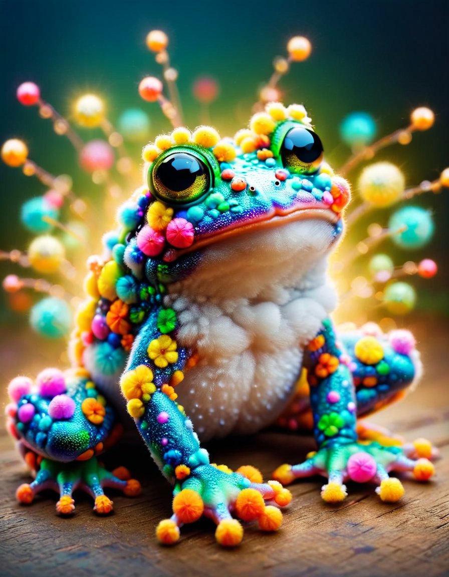 macro photo, a beautiful frog, glowing lights, beautiful magical sparkles, vibrant whimsical colors <lora:ral-flufblz:1> ral-flufblz