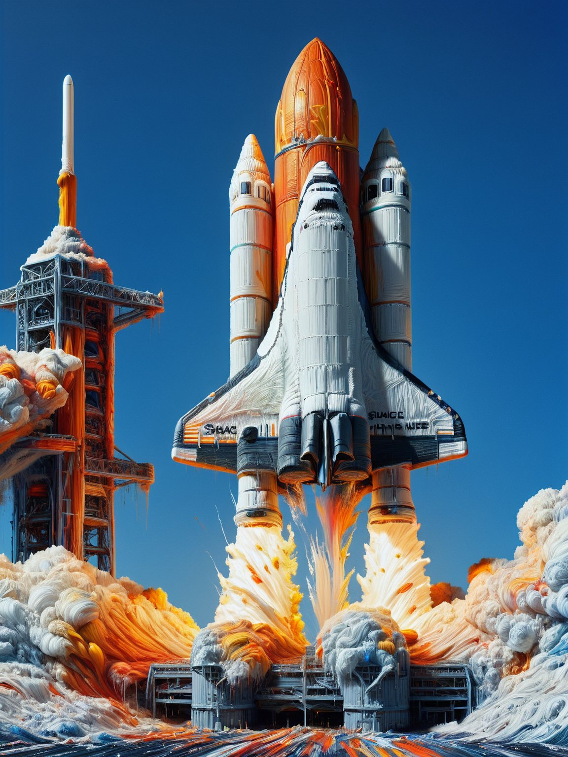 A space shuttle launch scene where the shuttle is covered in ais-acrylicz, creating a brilliant tableau against the blue sky <lora:Acrylic_Paint_Style_SDXL:1>