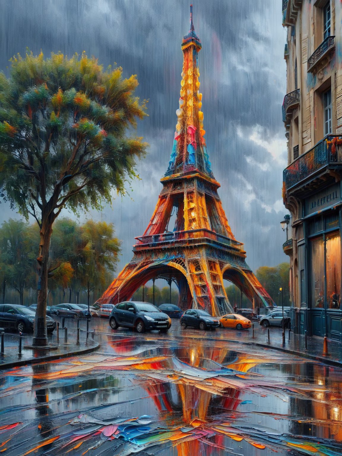 The Eiffel Tower covered with ais-acrylicz, as seen on a rainy evening, <lora:Acrylic_Paint_Style_SDXL:1>