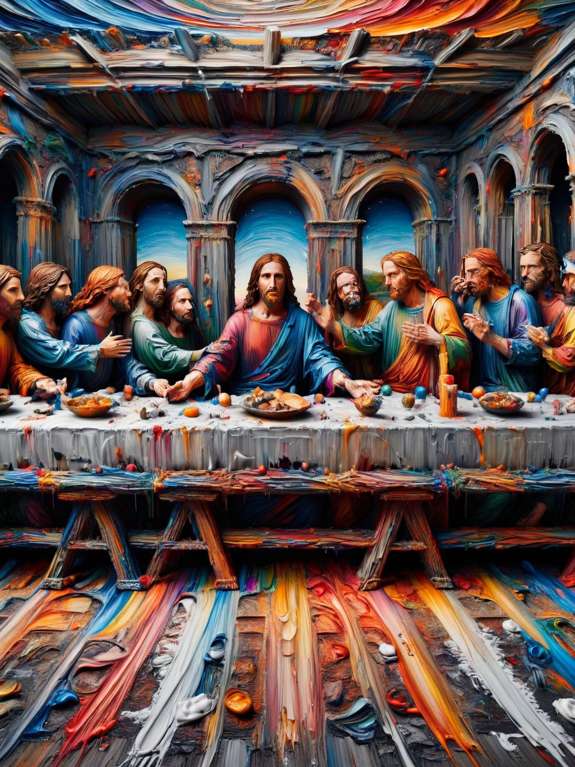 A reinterpretation of 'The Last Supper' with all figures and elements covered in ais-acrylicz treatment, creating a modern masterpiece <lora:Acrylic_Paint_Style_SDXL:1>