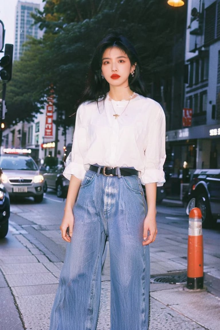 1girl,  long hair,  multiple girls,  skirt,  shirt,  black hair,  holding,  jewelry,  standing,  white shirt,  earrings,  outdoors,  parted lips,  solo focus,  belt,  pants,  necklace,  denim,  jeans,  realistic,  red lips,<lora:EMS-15979-EMS:0.600000>,<lora:EMS-271389-EMS:0.700000>