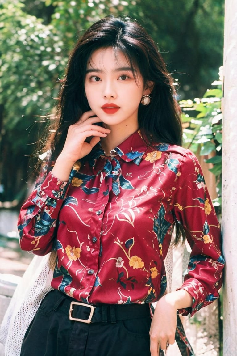 1girl,  solo,  long hair,  shirt,  black hair,  long sleeves,  jewelry,  upper body,  cowboy shot,  earrings,  collared shirt,  necklace,  black eyes,  black pants,  floral print,  red lips,  print shirt,<lora:EMS-271389-EMS:0.900000>