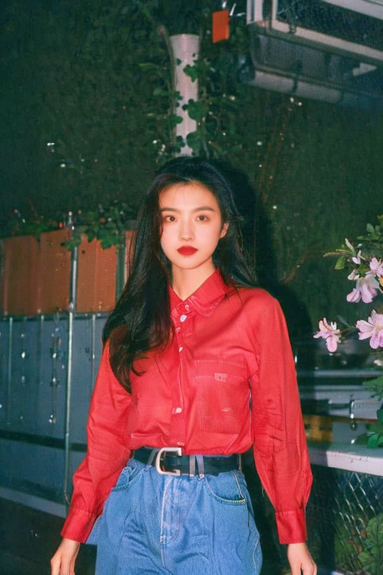 1girl,  solo,  long hair,  looking at viewer,  brown hair,  shirt,  black hair,  long sleeves,  standing,  flower,  cowboy shot,  parted lips,  collared shirt,  belt,  pants,  lips,  plant,  denim,  red shirt,  jeans,  arms at sides,  red lips,  shirt tucked in,<lora:EMS-271389-EMS:0.800000>,<lora:EMS-15979-EMS:0.600000>