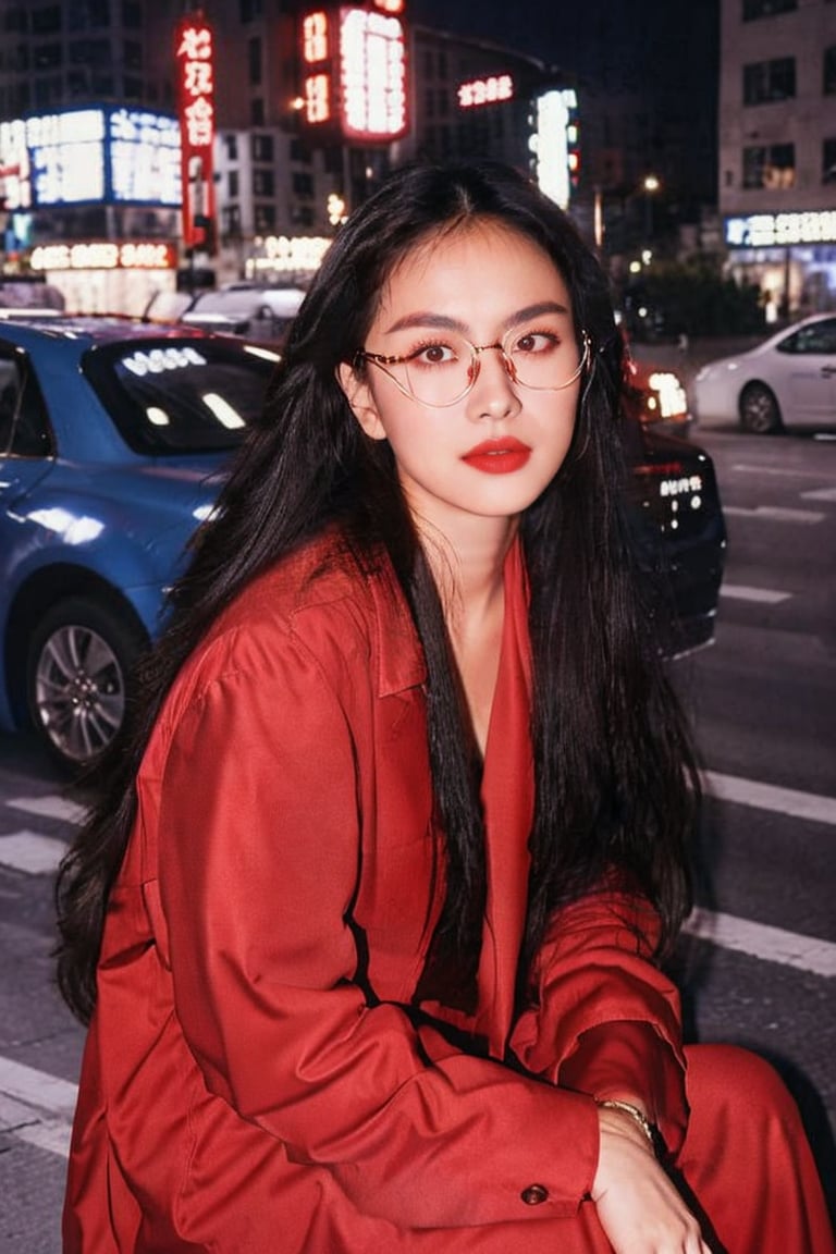 1girl,  solo,  long hair,  looking at viewer,  black hair,  jewelry,  sitting,  closed mouth,  jacket,  outdoors,  glasses,  pants,  blurry,  bracelet,  lips,  coat,  head tilt,  blurry background,  red jacket,  realistic,  round eyewear,  photo background, flash,<lora:EMS-271389-EMS:0.600000>,<lora:EMS-15979-EMS:0.600000>