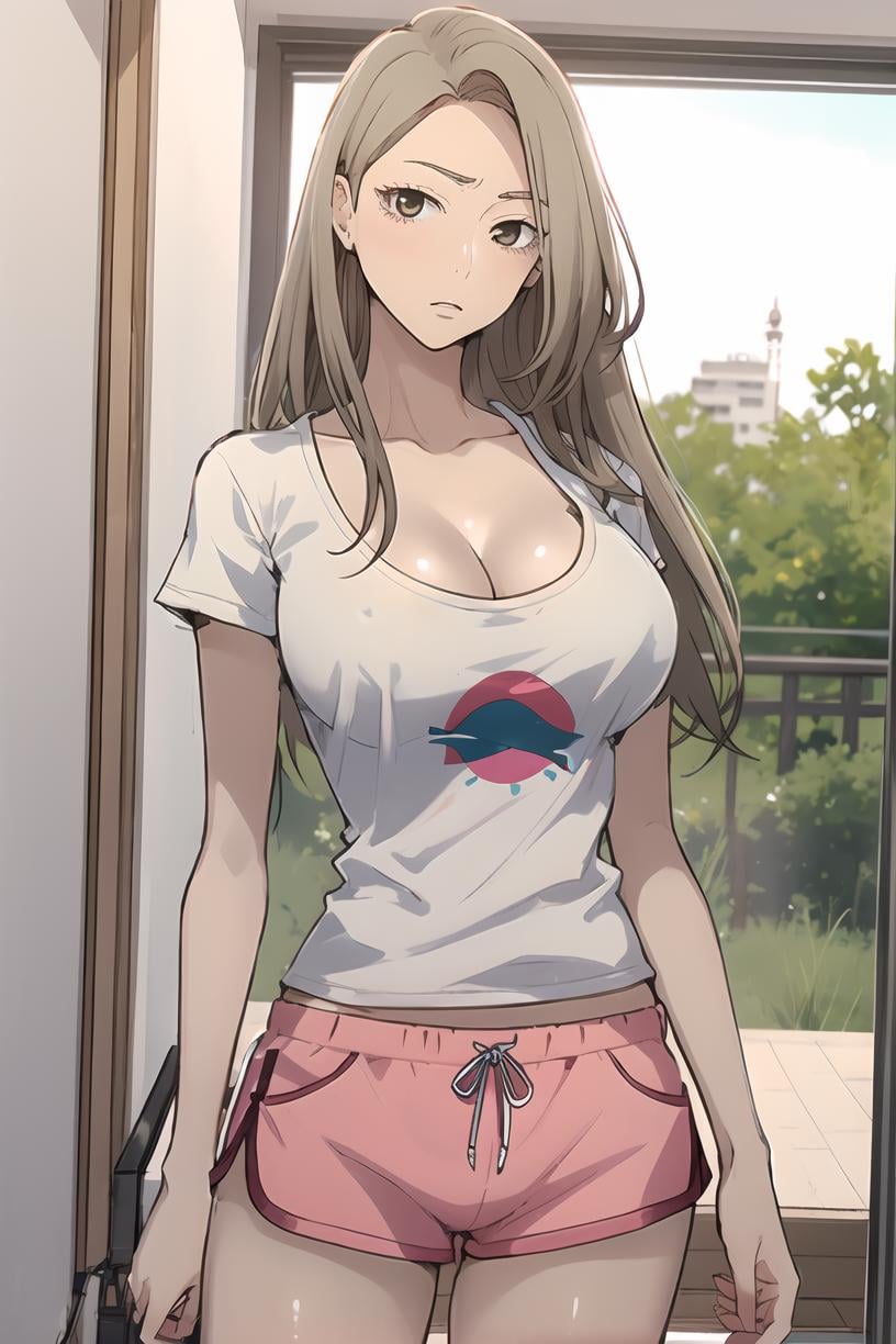 <lora:MiaCha_SC:1> MiaChadef, long hair, blonde hair, brown eyes, portrait, large breasts, short sleeves, standing, dolphin shorts, t-shirt, pink shorts, white shirt, indoors, cleavage, looking at viewer, masterpiece, best quality,