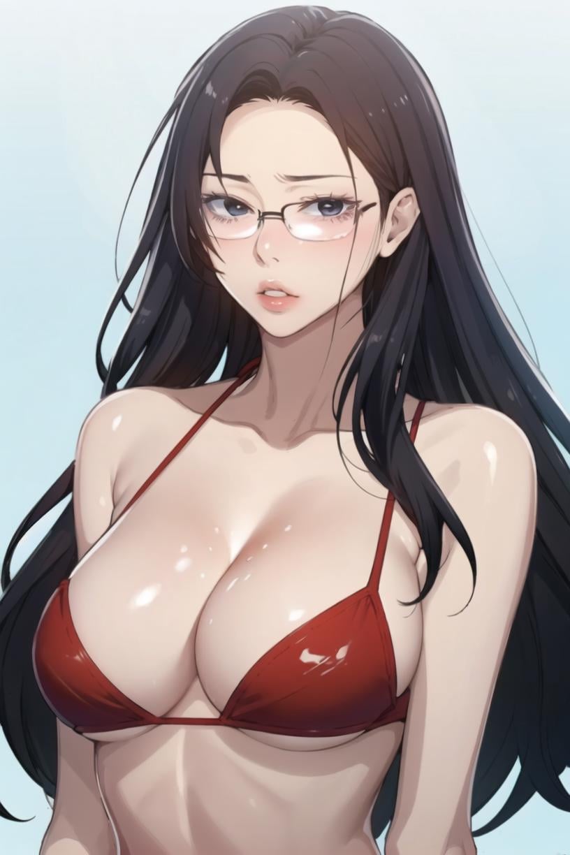 <lora:SeolHee_SC:0.7>Seoldef, black hair, black eyes, long hair,blue background, parted lips, bare shoulders, solo, glasses, bikini, large breasts, breasts, lips, upper body, cleavage, collarbone, red bikini, 1girl, looking at viewer, swimsuit, ponytmasterpiece, best quality