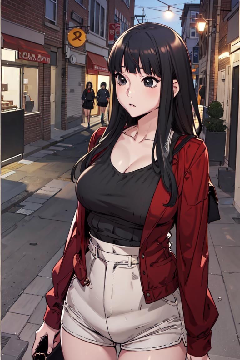 <lora:Anna_SW:0.8>, Annadef, black hair, black eyes, long hairmasterpiece, best qualityoutdoors, skirt, breasts, shirt, long hair, collarbone, jacket, solo, red jacket, 1girl, shorts, black hair, large breasts, bangs, handbag, solo focus, blunt bangs, cleavage, upper body, 