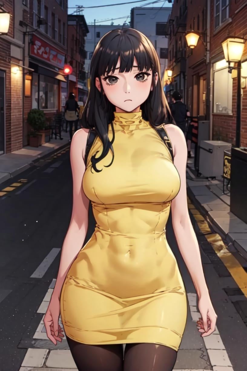 <lora:Anna_SW:0.8>, Annadef, black hair, black eyes, long hairmasterpiece, best qualityoutdoors, standing,breasts, closed mouth, sleeveless dress, turtleneck dress, pantyhose, road, looking at viewer, solo, night, arms at sides, (yellow dress:1.2), turtleneck, 1girl, large breasts, bangs, street, dress, bare shoulders, cowboy shot, expressionless, sleeveless, blunt bangs, black pantyhose, empty eyes