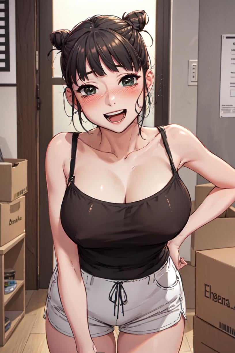 <lora:Anna_SW:0.8>, Annadef, black hair, black eyesmasterpiece, best qualitybreasts, leaning forward, collarbone, box, camisole, single hair bun, looking at viewer, solo, :d, open mouth, 1girl, shorts, large breasts, bangs, white tank top, indoors, bare shoulders, nose blush, cardboard box, blush, smile, blunt bangs, hair bun, cleavage, dolphin short green, portrait, upper body, 