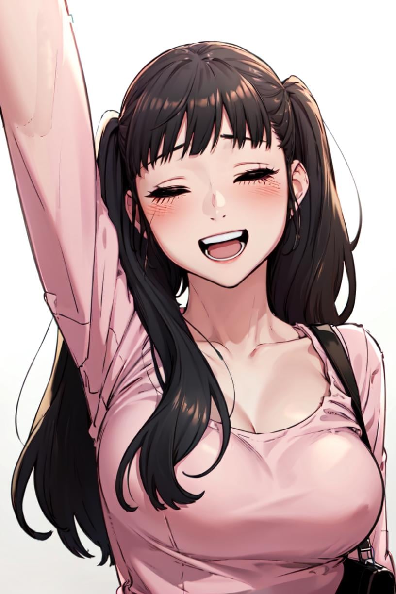 <lora:Anna_SW:0.8>, Annadef, black hair, black eyes, long hairmasterpiece, best qualityclosed eyes, breasts, shirt, twintails, white background, collarbone, upper body, teeth, solo, simple background,( pink shirt:1.2), long sleeves, :d, open mouth, 1girl, large breasts, bangs, arm up, blush, smile, blunt bangs, bag, cleavage