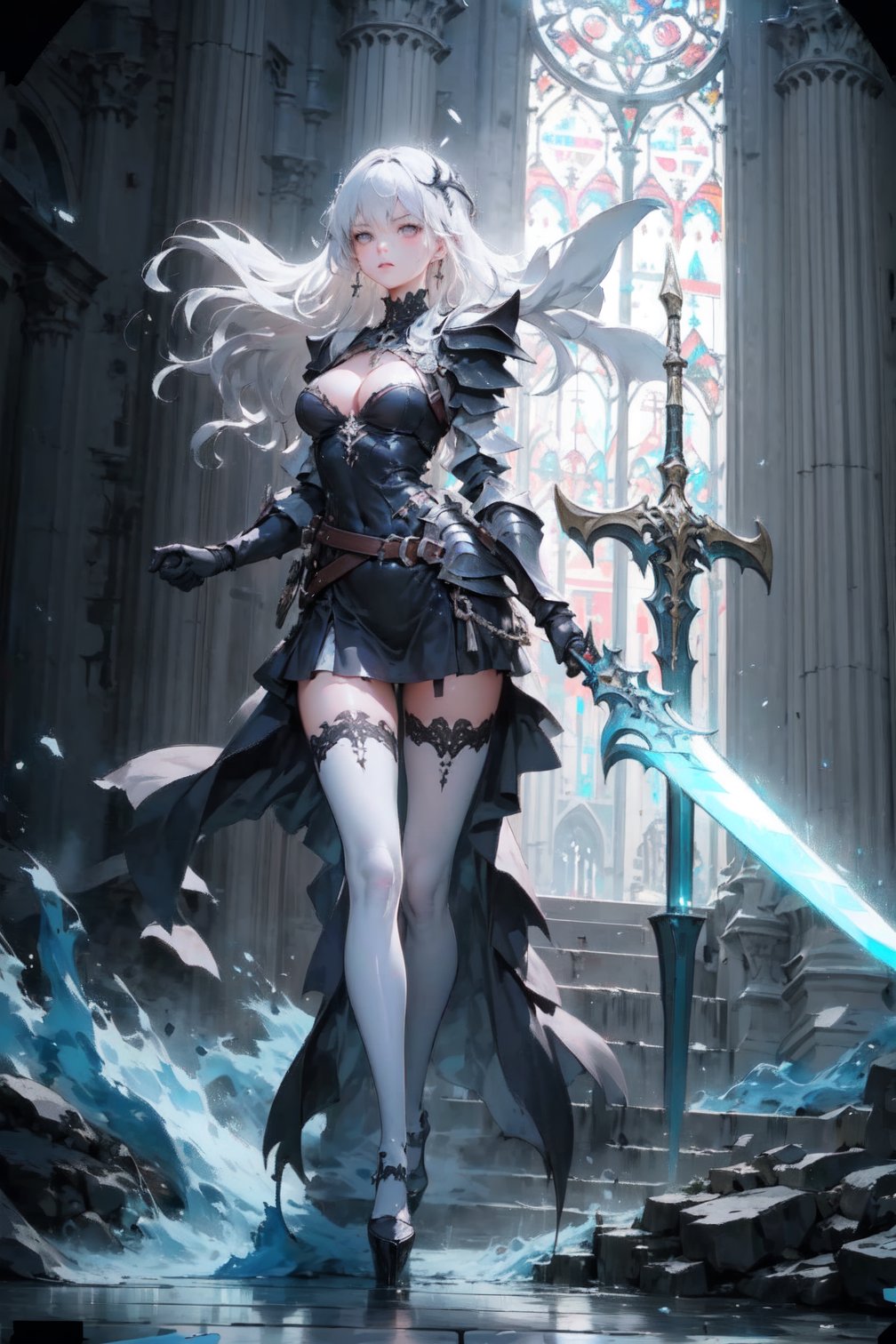 Anigame, vivid, raw, uhd, 8k, hires, 1girl, solo, full_body, cleavage, long dress, very_long_hair, 21years old, levitating, dash jumping, (floating in the air)), sharp image, ((black_full_armor)), (((pointing with blade with two hands towards alter))), ((glowing blade)), lava, soul, demon, death, knight, fights monsters, bright_light, dark_light, action side view, active, queen, supernatural, beauty, sexy, random background, neon lights, (fit in the frame)dynamic_angle, large_breasts, dynamic_lighting, dynamic_action, cleavage, (dynamic pose), ((see_through)), string, minimal fabric ,clothes_tearing, dynamic effects, water, magic, thigh_gap, slim_body, slim_thigh, sorcerer ,Anigame ,pastelbg, legs_open, detailed_face, impossible_fit, fit_in_frame, full_body, sfw, facing_viewer,side_view,highres,More Detail, UHD,High detailed ,Color Booster,realistic,girl, pastelbg, beautiful_background, ((in the holy cathedral)),perfect light