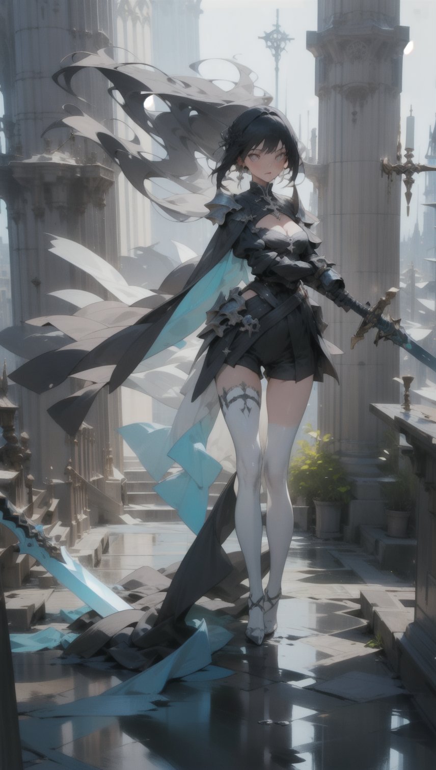 Anigame, vivid, raw, 1girl, solo, full_body, cleavage, long dress, very_long_hair, 21years old, levitating, dash jumping, (floating in the air)), sharp image, ((black_full_armor)), (((pointing sword with two hands towards alter))), ((glowing sword)), lava, soul, demon, death, knight, fights monsters, bright_light, dark_light, action side view, active, queen, supernatural, beauty, sexy, random background, neon lights, (fit in the frame)dynamic_angle, large_breasts, dynamic_lighting, dynamic_action, cleavage, (dynamic pose), ((see_through)), string, minimal fabric ,clothes_tearing, dynamic effects, water, magic, thigh_gap, slim_body, slim_thigh, sorcerer ,Anigame ,pastelbg, legs_open, detailed_face, impossible_fit, fit_in_frame, full_body, sfw, facing_viewer,side_view,highres,More Detail, UHD,High detailed ,Color Booster,realistic,girl, pastelbg, beautiful_background, ((in the holy cathedral))