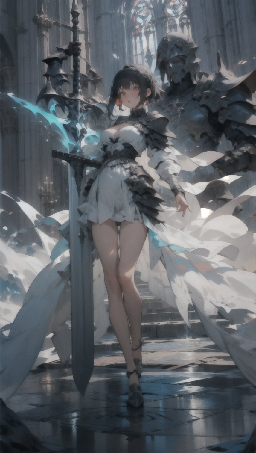 Anigame, 1girl, solo, full_body, cleavage, long dress, very_long_hair, 21years old, levitating, dash jumping, (floating in the air)), ((black_full_armor)), (((holding up one sword with two hands towards alter))), ((long glowing sword)), lava, soul, demon, death, knight, fights monsters, bright_light, dark_light, action side view, active, queen, supernatural, beauty, sexy, random background, neon lights, (fit in the frame)dynamic_angle, large_breasts, dynamic_lighting, dynamic_action, cleavage, (dynamic pose), ((see_through)), string, minimal fabric ,clothes_tearing, dynamic effects, water, magic, thigh_gap, slim_body, slim_thigh, sorcerer ,Anigame ,pastelbg, legs_open, detailed_face, impossible_fit, fit_in_frame, full_body, sfw, facing_viewer,side_view,highres,More Detail, UHD,High detailed ,Color Booster,realistic,girl, pastelbg, beautiful_background, ((in the holy cathedral))