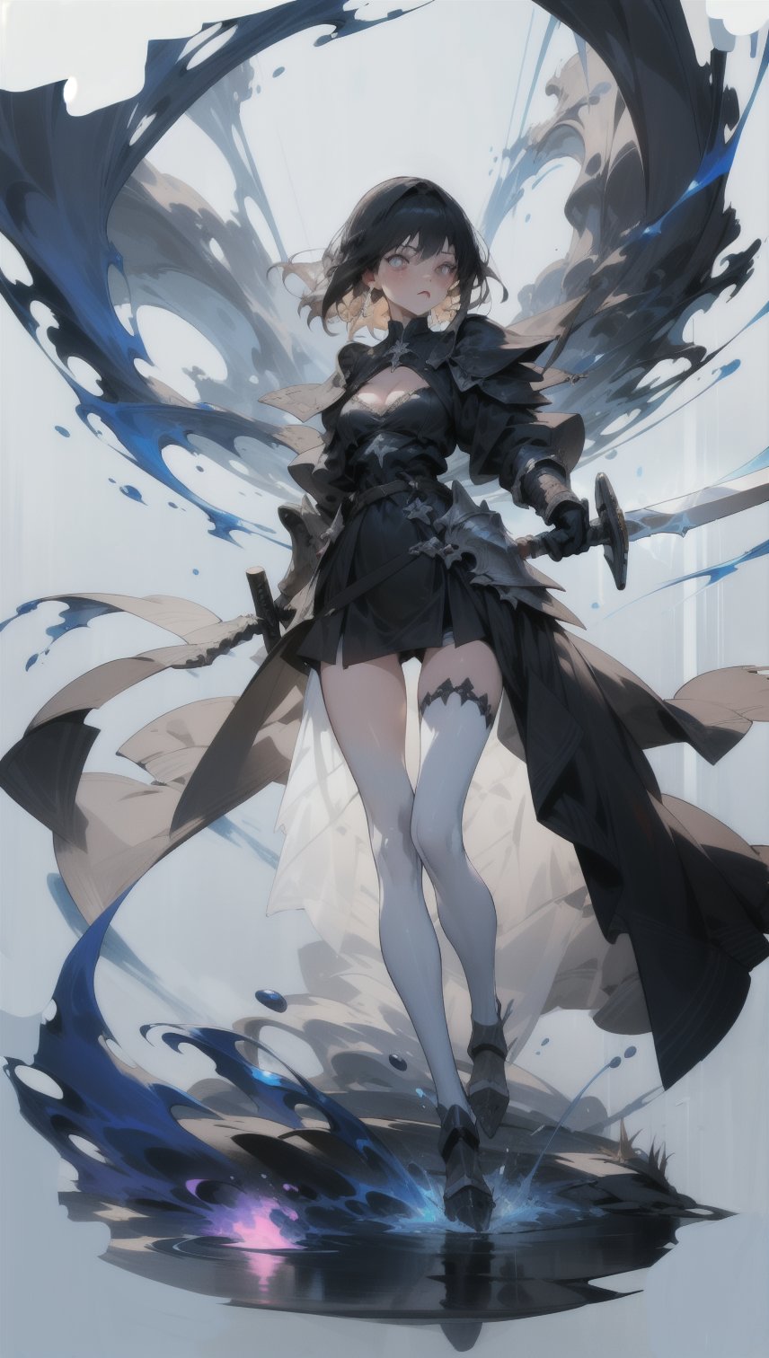 Anigame, vivid, raw, 1girl, solo, full_body, cleavage, long dress, very_long_hair, 21years old, levitating, dash jumping, (floating in the air)), sharp image, ((black_full_armor)), (((pointing sword with two hands towards alter))), ((glowing sword)), lava, soul, demon, death, knight, fights monsters, bright_light, dark_light, action side view, active, queen, supernatural, beauty, sexy, random background, neon lights, (fit in the frame)dynamic_angle, large_breasts, dynamic_lighting, dynamic_action, cleavage, (dynamic pose), ((see_through)), string, minimal fabric ,clothes_tearing, dynamic effects, water, magic, thigh_gap, slim_body, slim_thigh, sorcerer ,Anigame ,pastelbg, legs_open, detailed_face, impossible_fit, fit_in_frame, full_body, sfw, facing_viewer,side_view,highres,More Detail, UHD,High detailed ,Color Booster,realistic,girl, pastelbg, beautiful_background, ((in the holy cathedral))