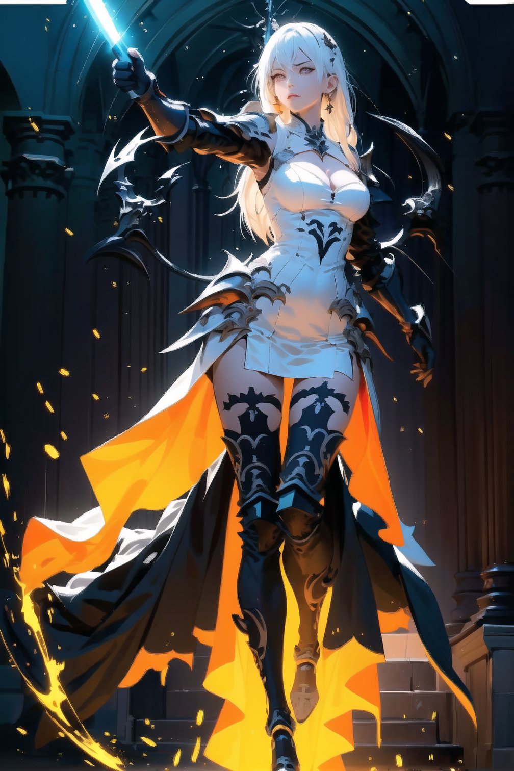 Anigame, vivid, raw, uhd, 8k, hires, 1girl, solo, full_body, cleavage, long dress, very_long_hair, 21years old, levitating, dash jumping, (floating in the air)), sharp image, ((black_full_armor)), (((pointing with blade with two hands towards alter))), ((glowing blade)), lava, soul, demon, death, knight, fights monsters, bright_light, dark_light, action side view, active, queen, supernatural, beauty, sexy, random background, neon lights, (fit in the frame)dynamic_angle, large_breasts, dynamic_lighting, dynamic_action, cleavage, (dynamic pose), ((see_through)), string, minimal fabric ,clothes_tearing, dynamic effects, water, magic, thigh_gap, slim_body, slim_thigh, sorcerer ,Anigame ,pastelbg, legs_open, detailed_face, impossible_fit, fit_in_frame, full_body, sfw, facing_viewer,side_view,highres,More Detail, UHD,High detailed ,Color Booster,realistic,girl, pastelbg, beautiful_background, ((in the holy cathedral)),perfect light