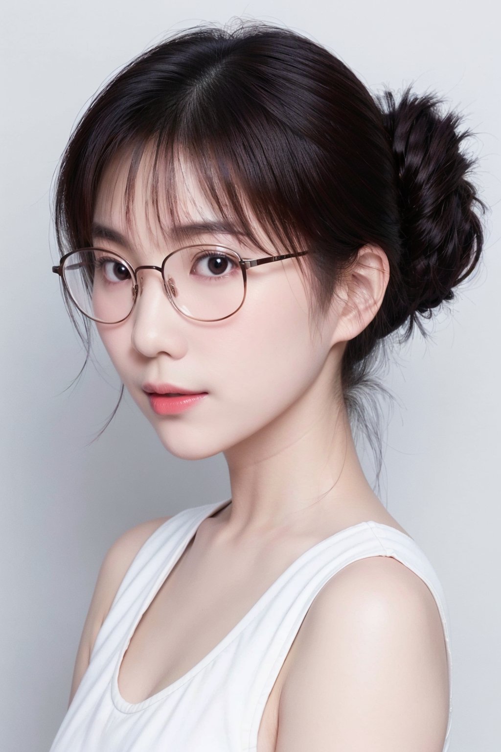 20 years old cute japanese woman, collarbone, chignon, glasses, looking at viewer, (cute tank top), close-up, (white background)