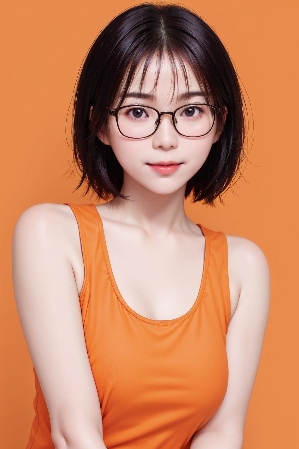 cute japanese woman, bob hair, (round thick glasses),  upper body, smile, (orange tank top:1.2), orange background