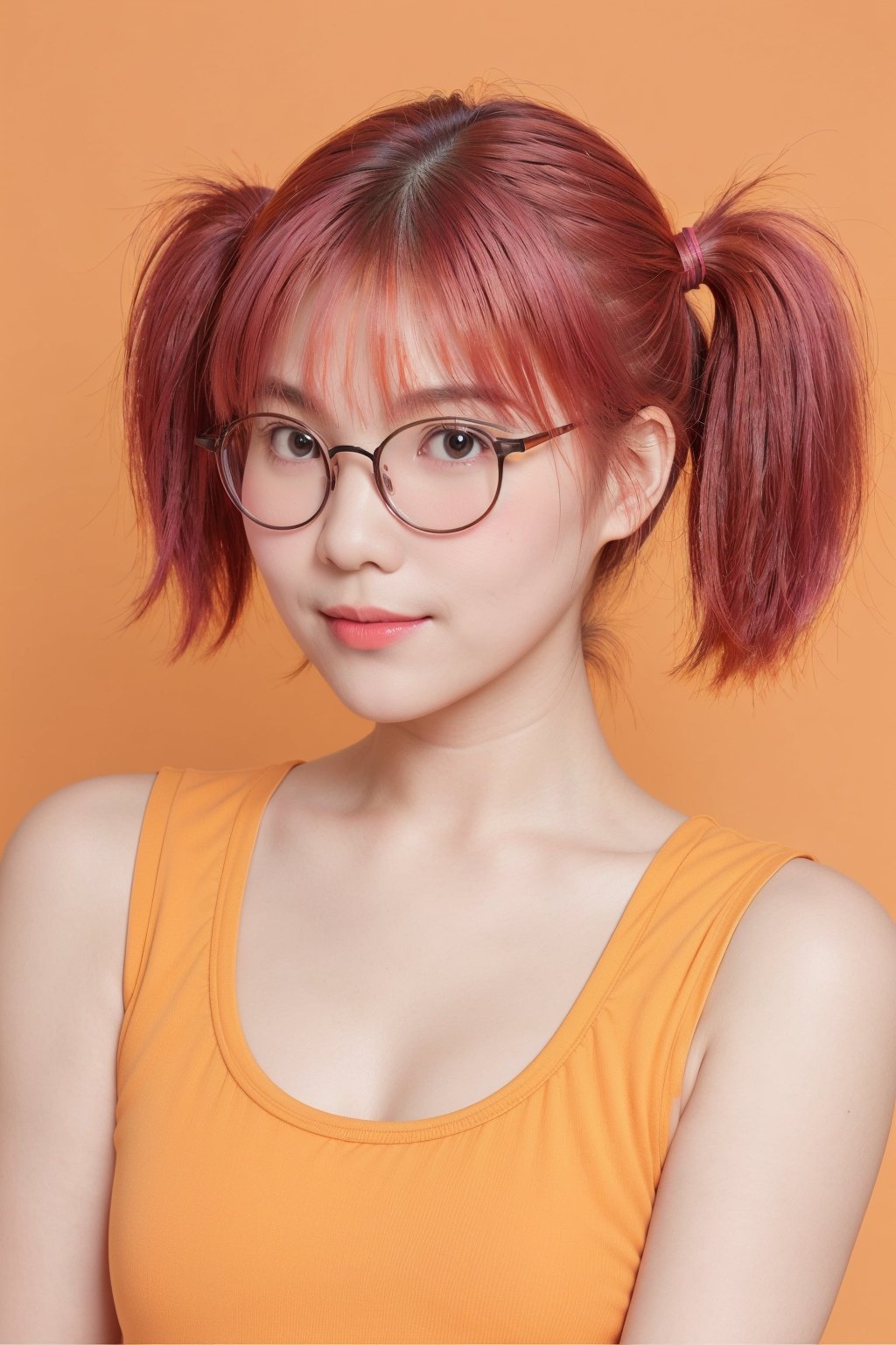 20 years old cute japanese woman, bob hair, twintails, (pink hair:1.2), (round thick glasses),  upper body, smile, (orange tank top:1.2), orange background