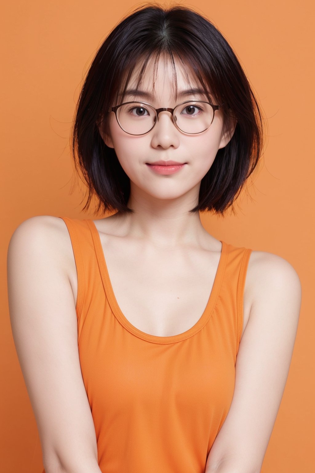 20 years old cute japanese woman, bob hair, (round thick glasses),  upper body, smile, (orange tank top:1.2), orange background