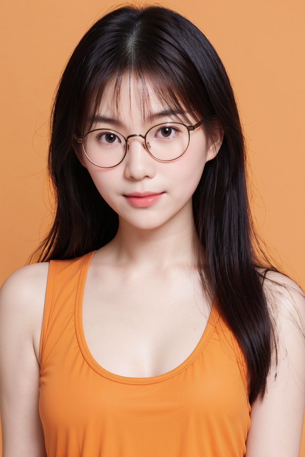 20 years old cute japanese woman, very long hair, (round thick glasses),  upper body, smile, (orange tank top:1.2), orange background