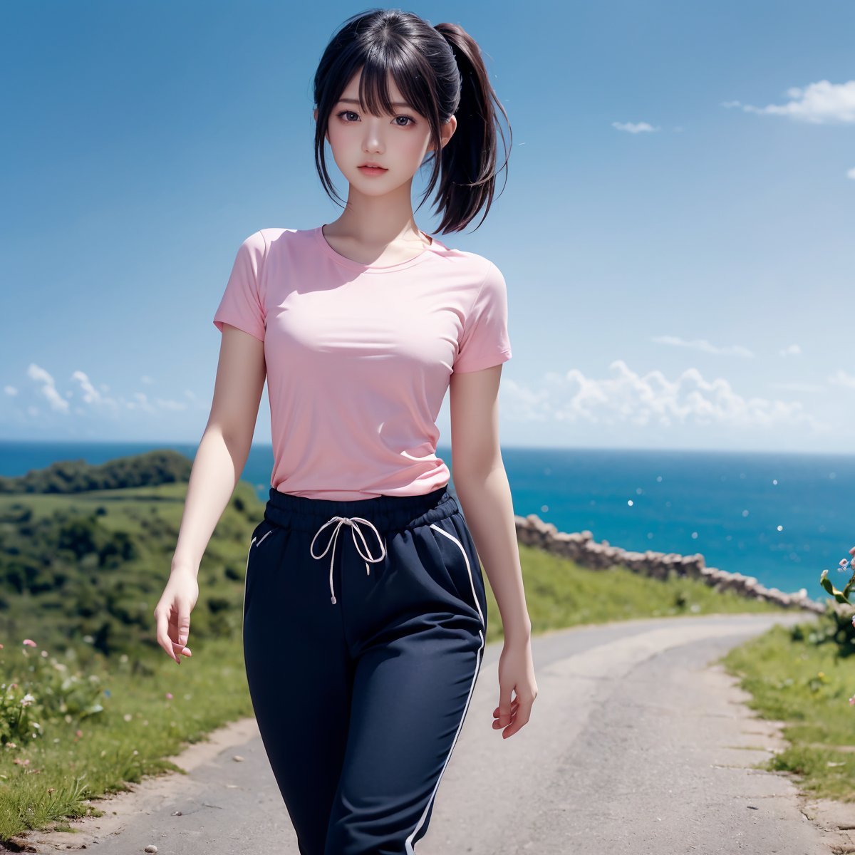 Fractal art that is mesmerizing and visually stunning. Official art, masterpiece. 4K high resolution rendering. One Japanese girl. 17 years old. Black hair (ponytail, bangs). Black eyes. Low stature, small breasts, beautiful legs.
Pink short_sleeve T-shirt. Blue track_pants. She walks along a winding road along a bluff. Ocean, blue sky. Solo. cowboy_shot.