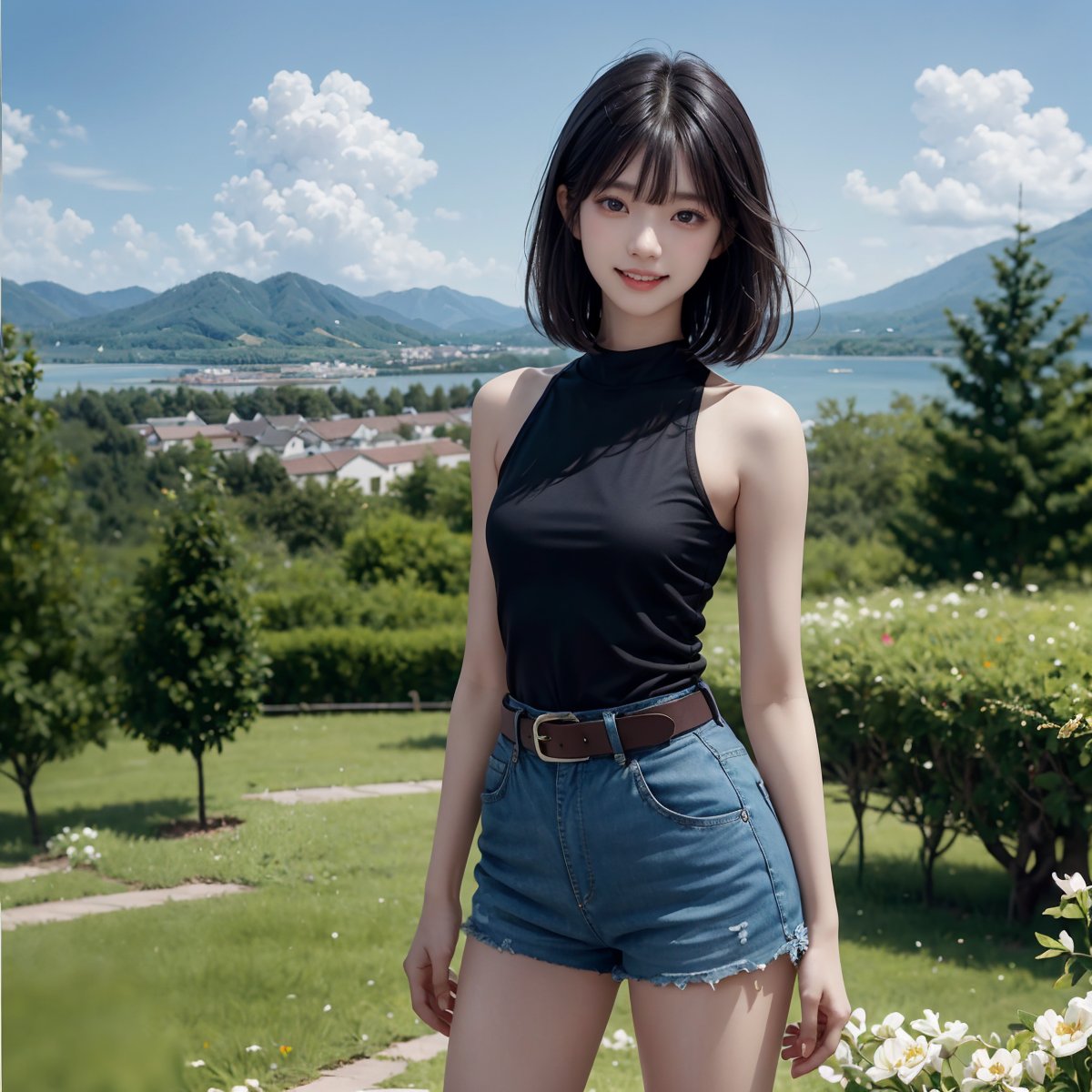 Fractal art that is mesmerizing and visually stunning. Official art. Masterpiece. 4K high resolution rendering. One Japanese girl. 17 years old. Black hair (straight, shoulder-length, bangs). Black eyes. Round jaw, small mouth. Low stature, small breasts, beautiful legs. Smile.
Tanktop. Shorts, belt. She is standing on a hill. View, White flowers, village and forest in the distance, blue sky. Solo. Cowboy_shot.