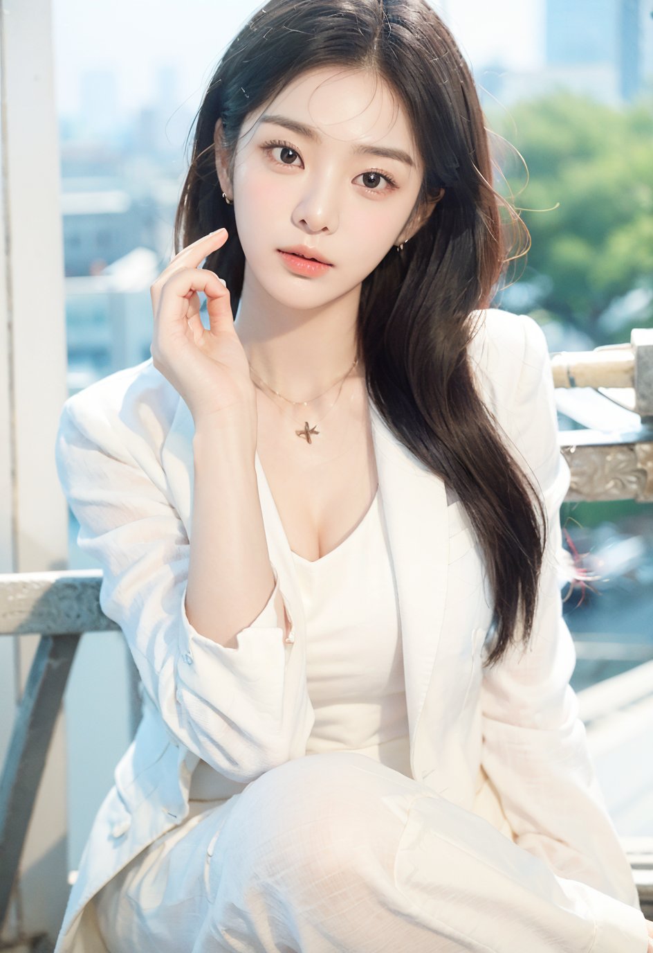 ((RAW photo:1.2)), 1girl, real art, (masterpiece), (best quality), highres, korea girl, 8k,(realistic, photo-realistic:1.4), (korean idol:1.2), ((beauty 19 year old)), naturalness, background, ultra detailed, physically-based rendering, beauty, detailed beautiful eyes and detailed face, long hair, wavy, tousled hair, waving hair, (Clean makeup), (Clean facial skin: 1.2), medium breast, ((She stands proudly on a rooftop in skinny jeans and an open tailored blazer, no clothes under blazer, her messy hair blowing slightly in the wind, a bustling cityscape that embodies urban sophistication, hands inside blazer pockets)),

, 1 girl, smile, detailed face, a woman with long black , (beautiful_detailed_light), outdoor scene, (aura, light), led lighting, magnificent light, body portrait, RAW, (intricate details:1.3), (best quality:1.3), (masterpiece:1.3), (hyper realistic:1.3), best quality, 1 girl, ultra-detailed, ultra high resolution, very detailed mphysically based rendering, dynamic angle, dynamic pose, wind, 8K UHD, Vivid picture, High definition, intricate details, detailed, finely detailed, high detail, extremely detailed cg, High quality shadow, a realistic representation of the face, beautiful detailed, (high detailed skin, skin details), slim waist, beautiful and realistic and detailed hands and fingers:1, best ratio four finger and one thumb, (detailed face, detailed eyes, beautiful face), ((korean beauty, kpop idol, ulzzang, korean celebrity, korean cute, korean actress, korean, a beautiful 18 years old beautiful korean girl)), (high detailed skin, skin details), Detailed beautiful delicate face, Detailed beautiful delicate eyes, a face of perfect proportion, (beautiful and realistic and detailed hands and fingers:1.3), (Big breasts:1.3), (full body shot:1.3), (long legs:1.3), (sparkling eyes:1.3), (sparkling lips:1.3), taken by Canon EOS, SIGMA Art Lens 35mm F1.4, ISO 200 Shutter Speed 2000, Vivid ((korean beauty, kpop idol, ulzzang, korean celebrity, korean cute, korean actress, korean, 인스타 여신:1.3, a beautiful 18 years old beautiful korean girl)), (blue eye), (black long hair),chanel_jewelry, chanel_bag, vancleef_necklace,hourglass bodyshape ,looking_at_viewer,,Big breast, Seolah,Seolah,perfect light