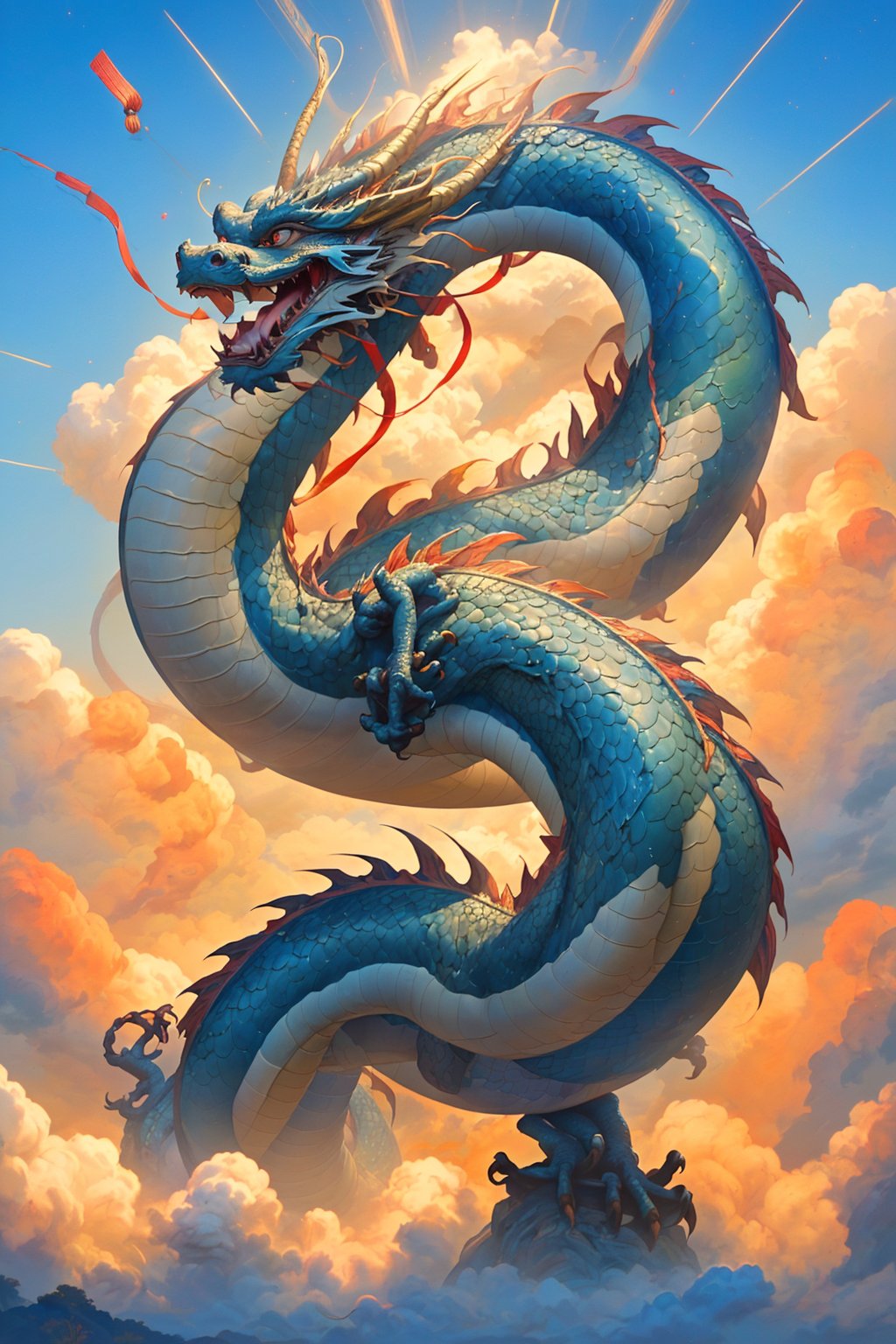 dragon-themed,dragonyear,
In the vast blue sky, the East Chinese dragon soars with immense power. Its sinuous body glimmers with iridescent scales as it gracefully glides through the air.  clouds part and the ground trembles, a symbol of its awe-inspiring might and dominance over the heavens.