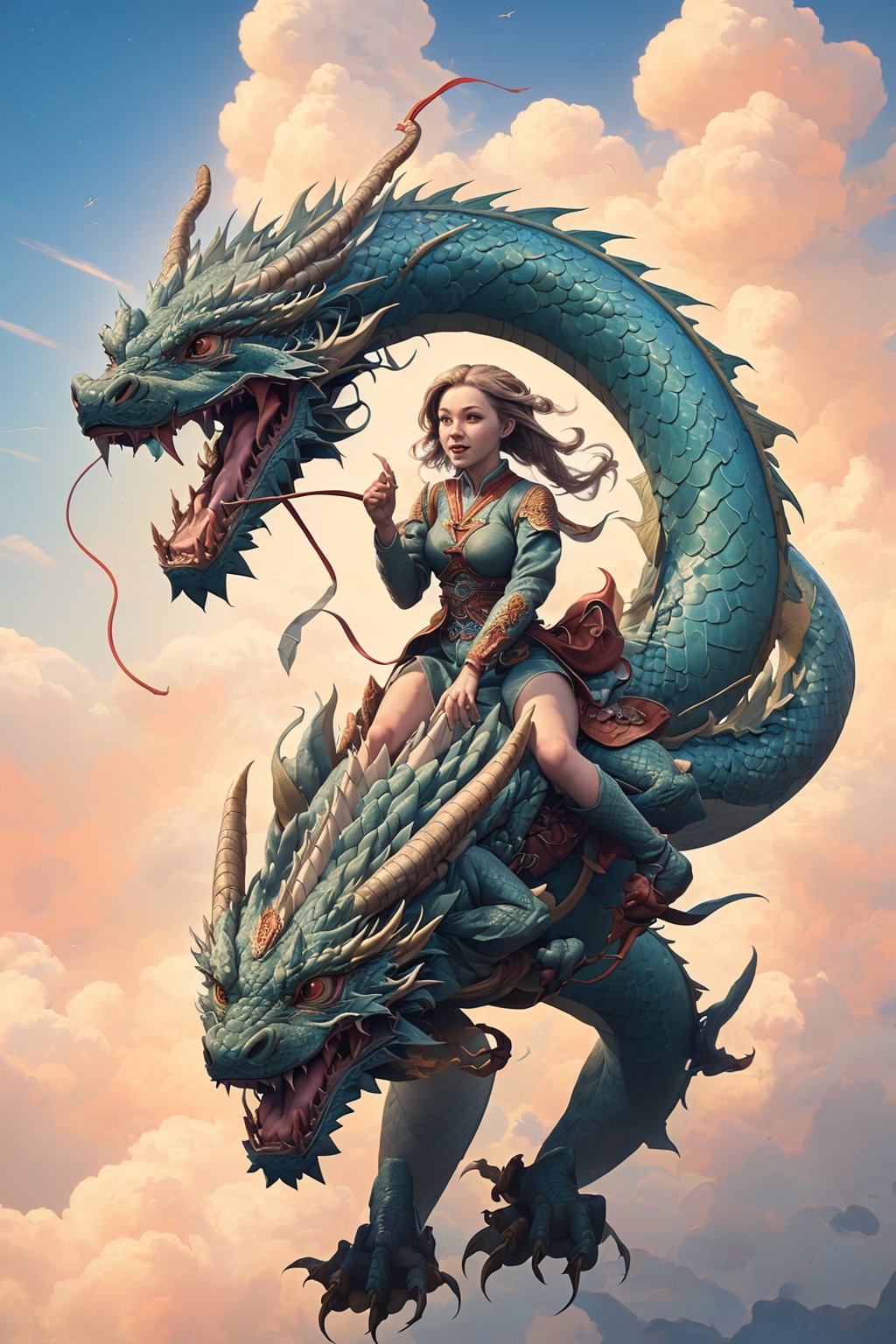 dragon-themed,dragonyear,
(masterpiece, best quality, ultra-detailed, 8K, ), high detail, 1girl, , riding a dragon, fly speedy on the sky, 