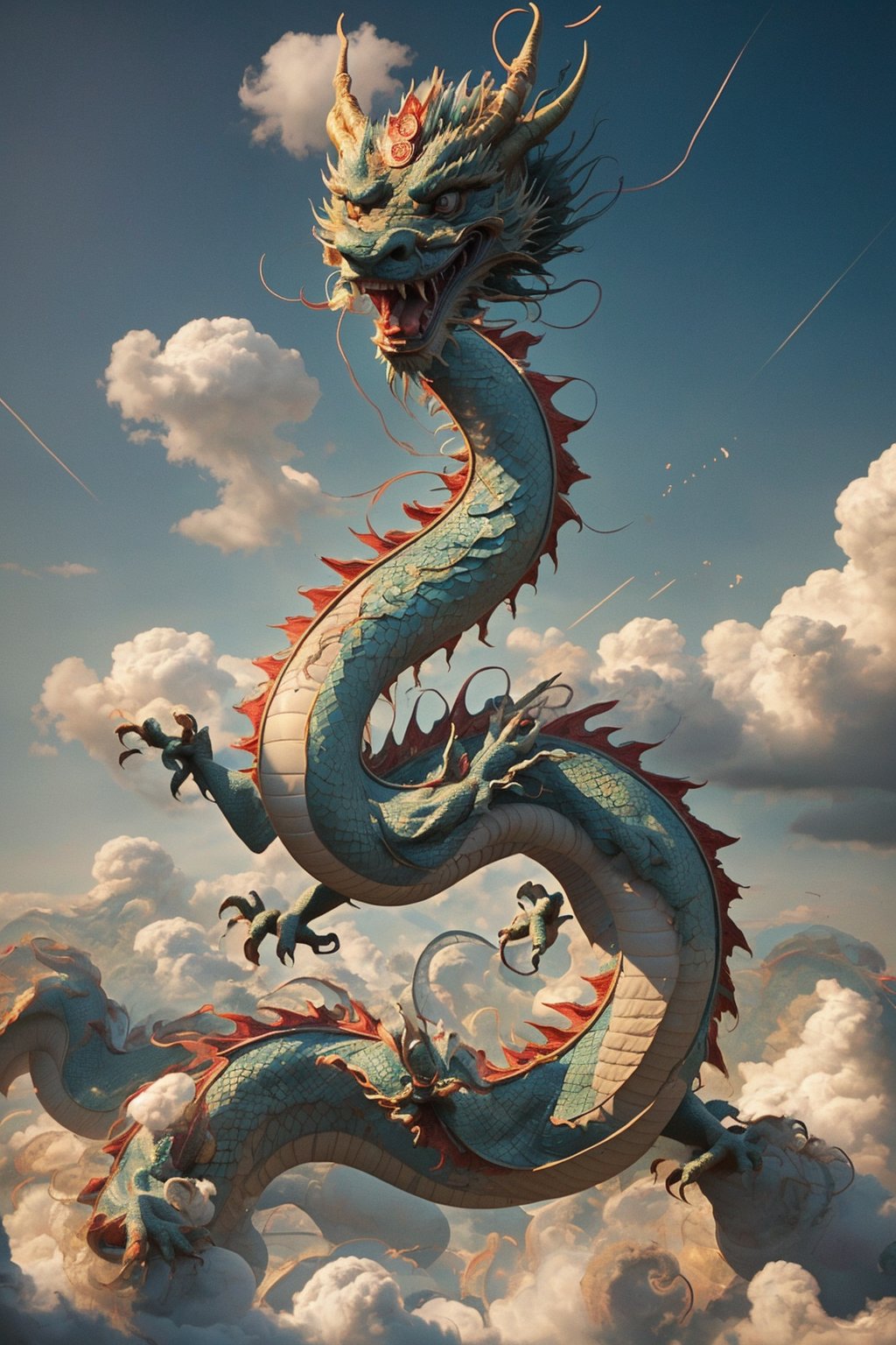 dragon-themed,dragonyear,
In the vast blue sky, the East Chinese dragon soars with immense power. Its sinuous body glimmers with iridescent scales as it gracefully glides through the air.  clouds part and the ground trembles, a symbol of its awe-inspiring might and dominance over the heavens.