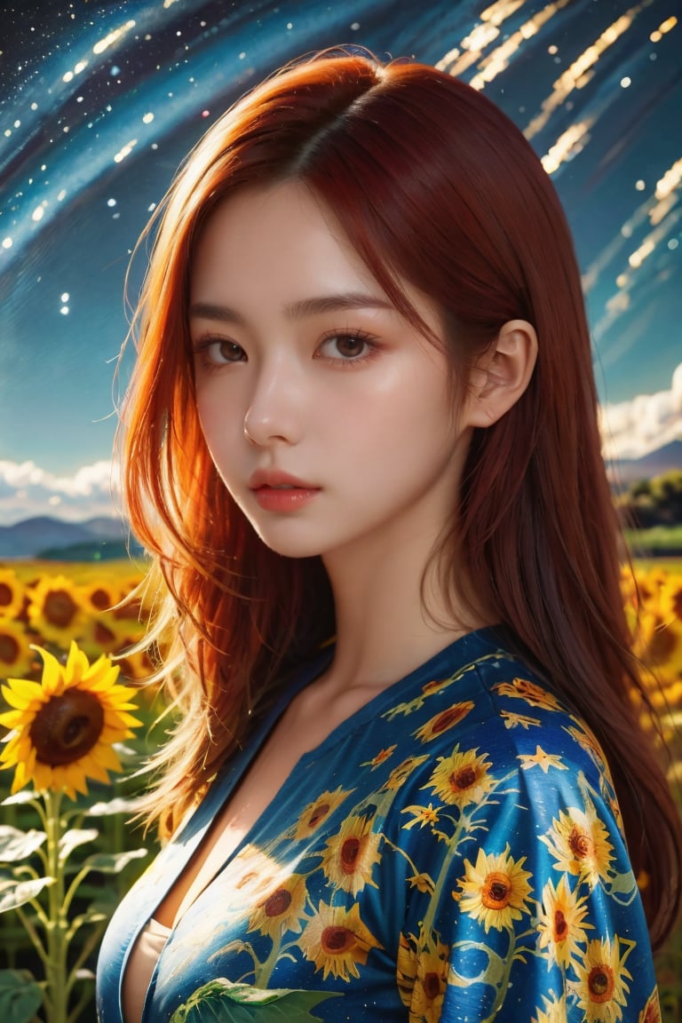 Beautiful woman, red hair, sunflower field, amber eyes, 8k, best quality, (van gogh, starry night background), detailed hair, detailed eyes,Illustration, artwork