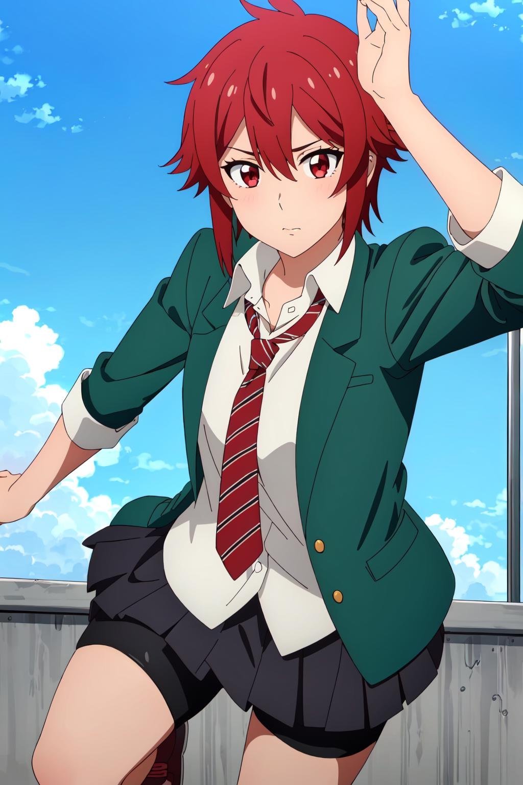 ((best quality)),((highly detailed)),masterpiece,absurdres,detailed face,beautiful face,(detailed eyes, deep eyes),1girl,((dynamic pose)),  <lora:TomoV1:0.6>, Tomo, red hair, school uniform, solo, necktie, short hair, red eyes, skirt, jacket, blazer, sky, day, cloud, pleated skirt, sleeves rolled up, red necktie, shorts, outdoors, shirt, looking at viewer, green jacket, striped, striped necktie, open clothes, standing, white shirt