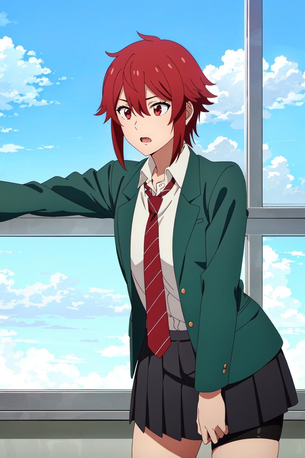 ((best quality)),((highly detailed)),masterpiece,absurdres,detailed face,beautiful face,(detailed eyes, deep eyes),1girl,((dynamic pose)),   <lora:TomoV1:0.5>, Tomo, red hair, red eyes, solo, skirt, school uniform, necktie, short hair, jacket, shirt, blazer, sleeves rolled up, pleated skirt, white shirt, green jacket, hair between eyes, red necktie, window, striped necktie, striped, open clothes, cloud, cowboy shot, collared shirt, indoors, dress shirt, open jacket, shorts, sky, bangs, standing, looking away, loose necktie, long sleeves, looking to the side, open mouth