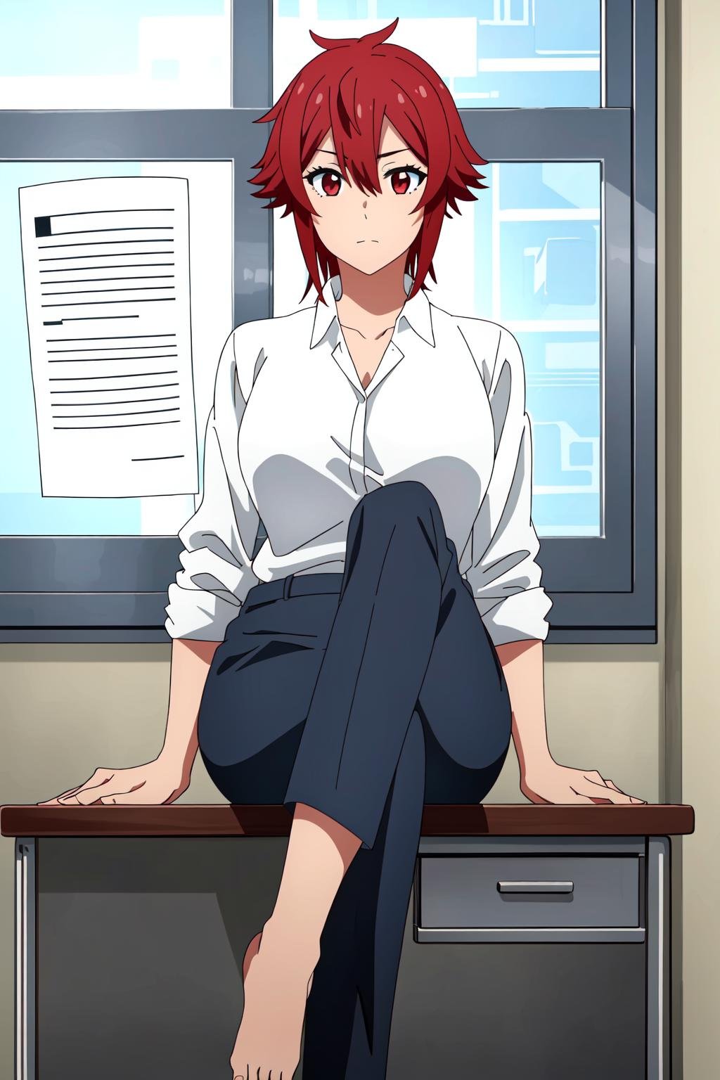 ((best quality)),((highly detailed)),masterpiece,absurdres,detailed face,beautiful face,(detailed eyes, deep eyes),1girl,((dynamic pose)),  <lora:TomoV1:0.6>, Tomo, red hair, red eyes, short hair, hair between eyes, bangs, breasts, large breasts, office setting, business attire (business suit), seated with feet up on desk, professional surroundings, confident posture, sophisticated ambiance, paperwork neatly organized, calm and composed expression, detailed outfit, executive aura,
