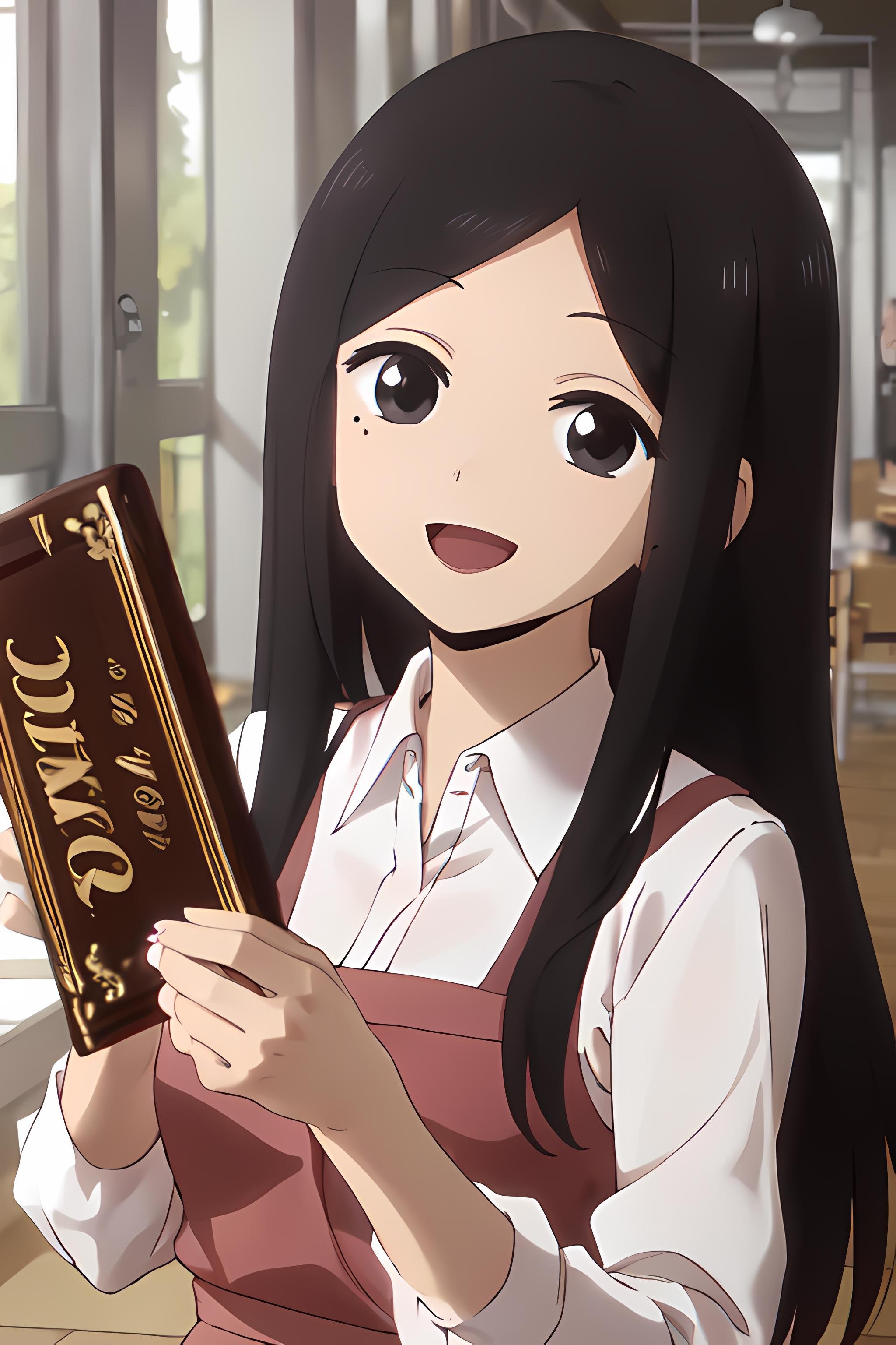 best quality, (masterpiece:1.2), detailed, perfect face, beautiful face,   <lora:Touko-13:0.7>,Touko, 1girl, mole under eye, mole, black hair, chocolate, solo, chocolate bar, black eyes, open mouth, smile, looking at viewer, shirt, long hair, holding, food, collared shirt, :d, white shirt, valentine, indoors