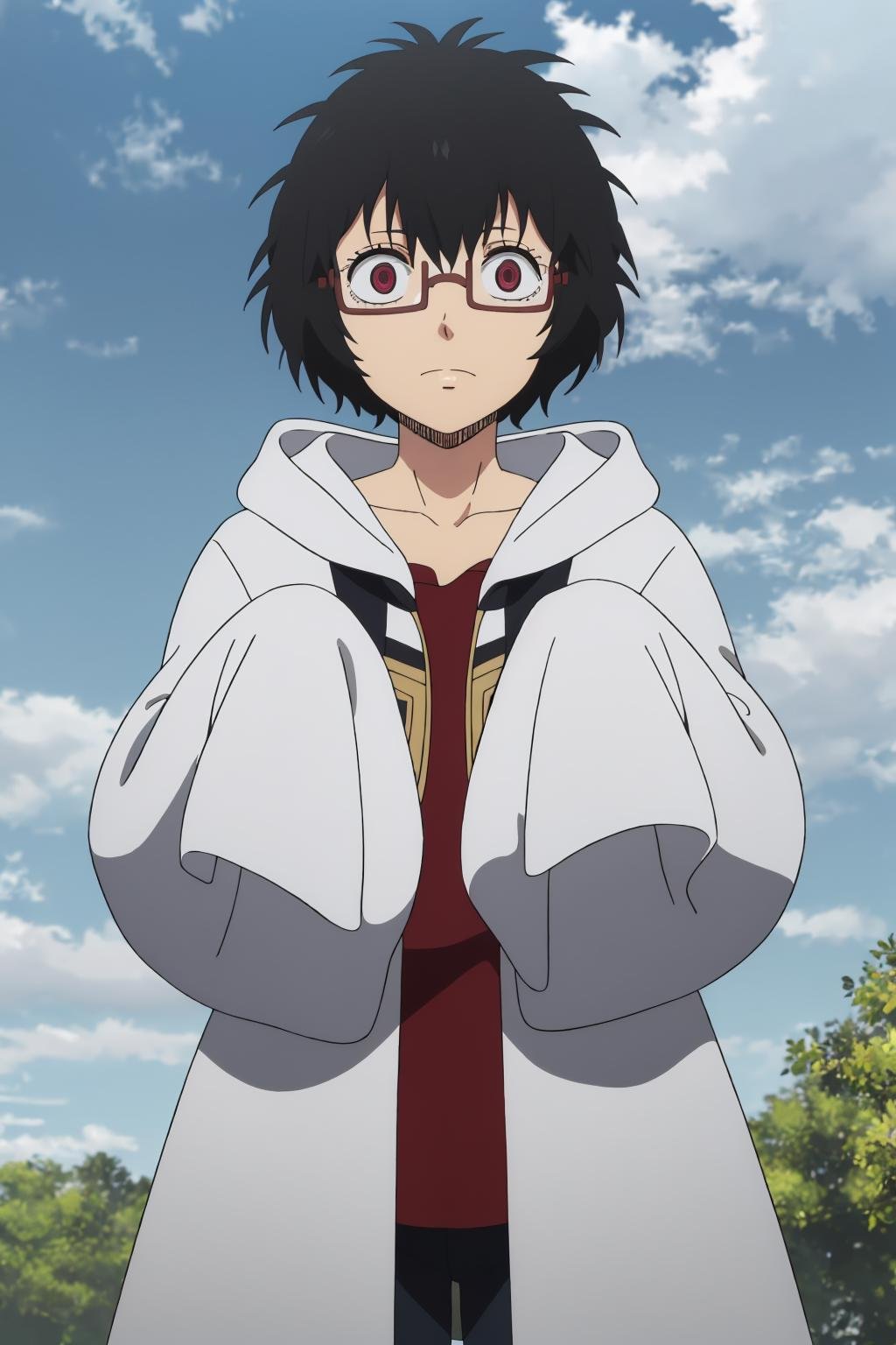 ((best quality)),((highly detailed)),masterpiece,absurdres,detailed face,beautiful face,(detailed eyes, deep eyes),1girl,((dynamic pose)),  <lora:SallyV1:0.7>Sally, glasses, black hair, sky, cloud, sleeves past wrists, hood, red eyes, sleeves past fingers, solo, tree, hoodie, outdoors, short hair, day, hood down, semi-rimless eyewear, black-framed eyewear, under-rim eyewear, cloudy sky, messy hair, collarbone, closed mouth, long sleeves, blue sky, jacket