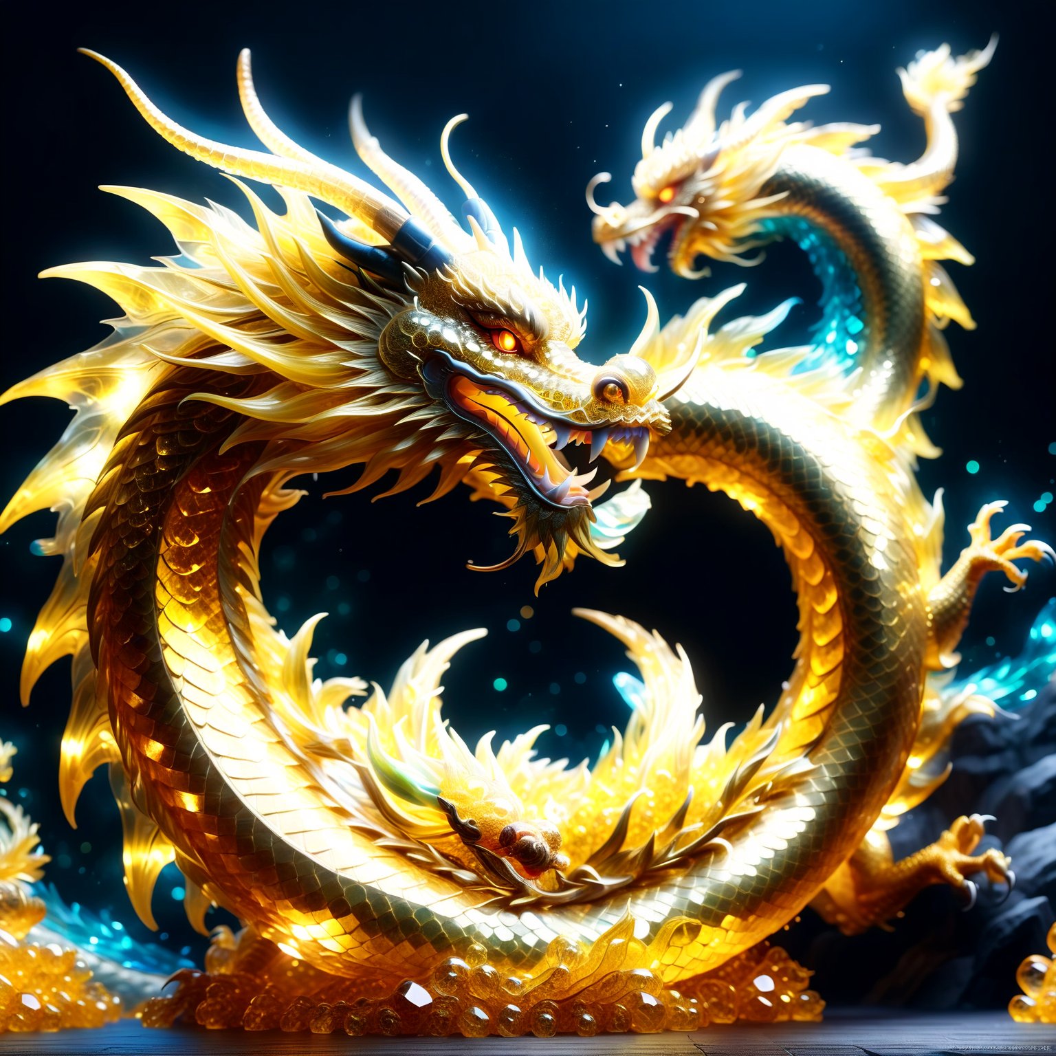 Chinese dragon made entirely of yellow crystal, shimmering and glowing, intricate yellow crystal texture, majestic and vibrant, radiant yellow hues, sparkling with light, by FuturEvoLab, (masterpiece: 2), best quality, ultra highres, original, extremely detailed, perfect lighting, fantasy theme, magical aura,Katon
