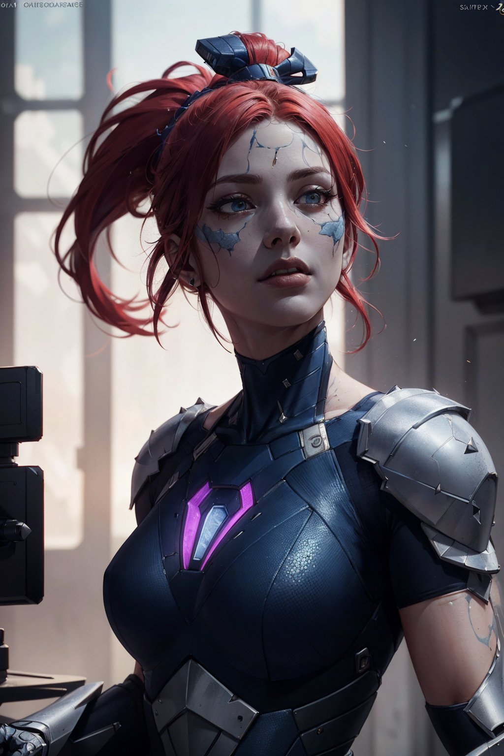 octane render, best quality, sharp focus, 8k, 4k, Masterpiece, Best Quality, (skin texture, extremely detailed:1.3), intricate, (hyper detailed, portrait, sharp detailed, beautiful woman:1.2), alien, (navy blue skin), sci-fi armor, red hair, ponytail, science fiction, (solo), realistic