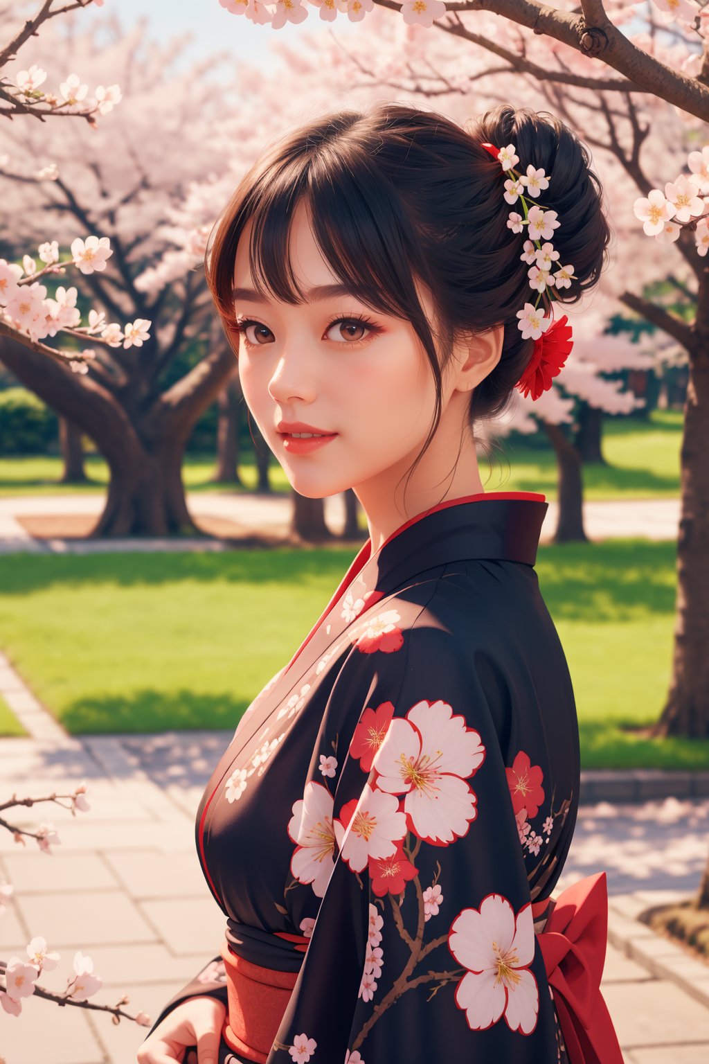masterpiece, best quality, sharp focus, detailed floral kimono, red black kimono, outdoors, half updo, happiness, cherry blossom, photorealistic