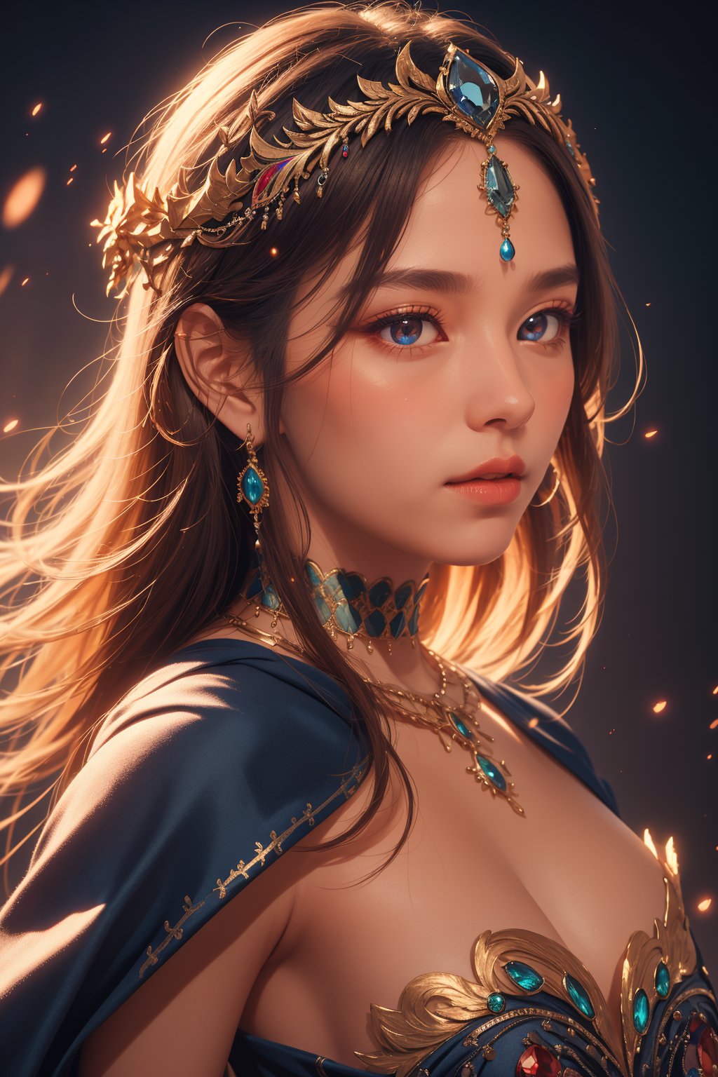 masterpiece, ultra quality, sharp focus, beautiful goddess of war, jewelry, upper body, looking at viewer with sharp eyes, colorful glowing particles, photorealistic, from side, diadem, (multicolored)