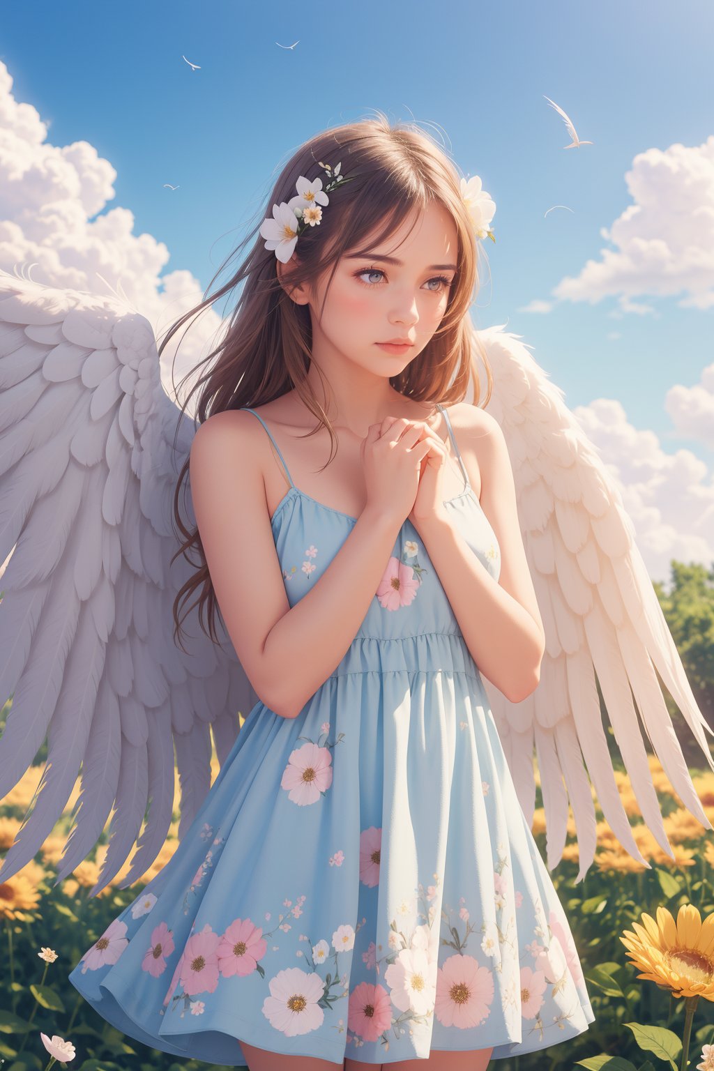 masterpiece,  best quality, 1girl, floral sundress, blue sky, embarrassed, shy, unhappy, photorealistic, feathered wings, flower, feathers, long hair