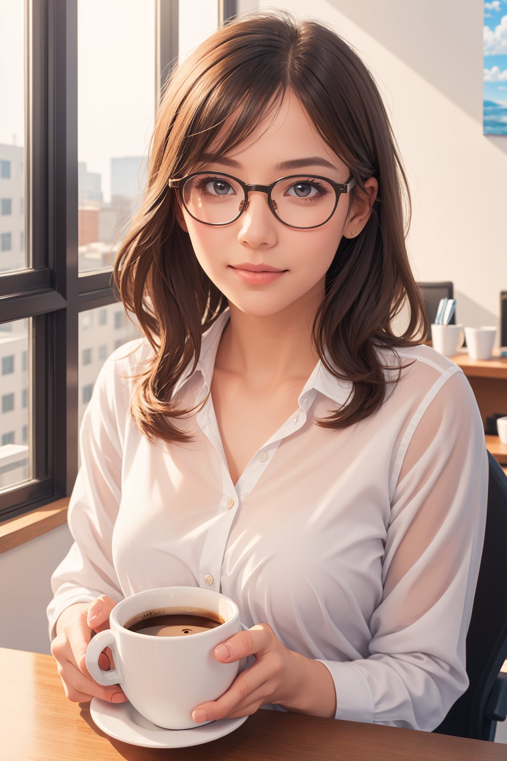 masterpiece, best quality, sharp focus, office girl, medium hair, glasses, big window, cup of coffe, soft smile, blue sky, photorealistic